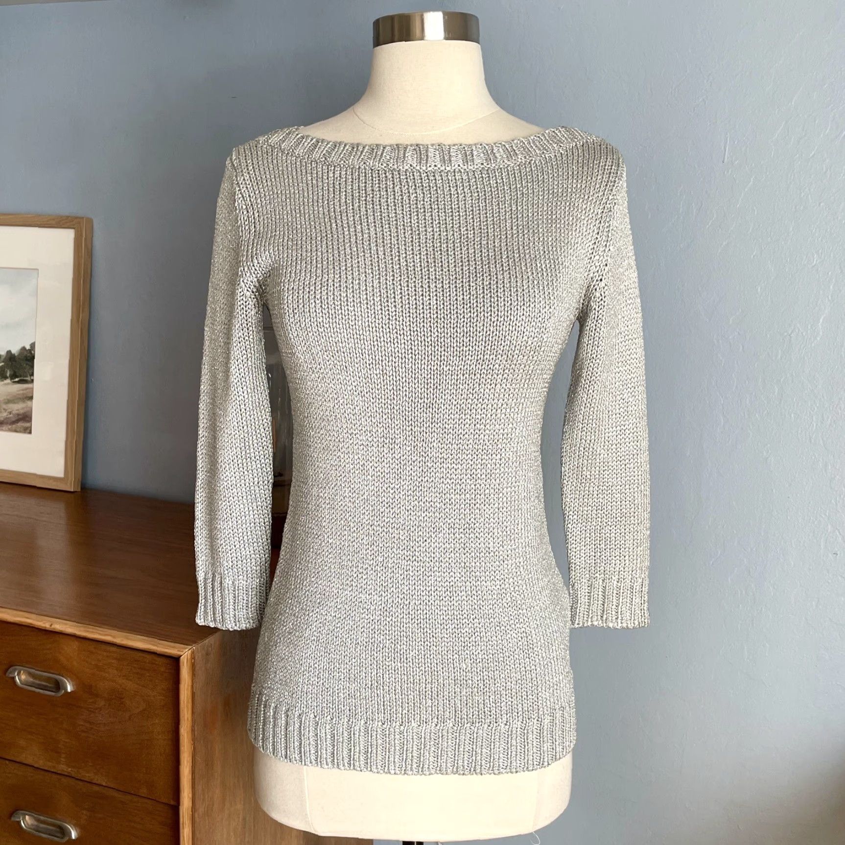 Ralph Lauren VINTAGE Ralph Lauren Black Label Silver Metallic Knit Boatneck Sweater Size S Women's Pullover Knit Silver Boat Neck 3/4 Sleeve Classic Designer Size S / US 4 / IT 40 - 2 Thumbnail