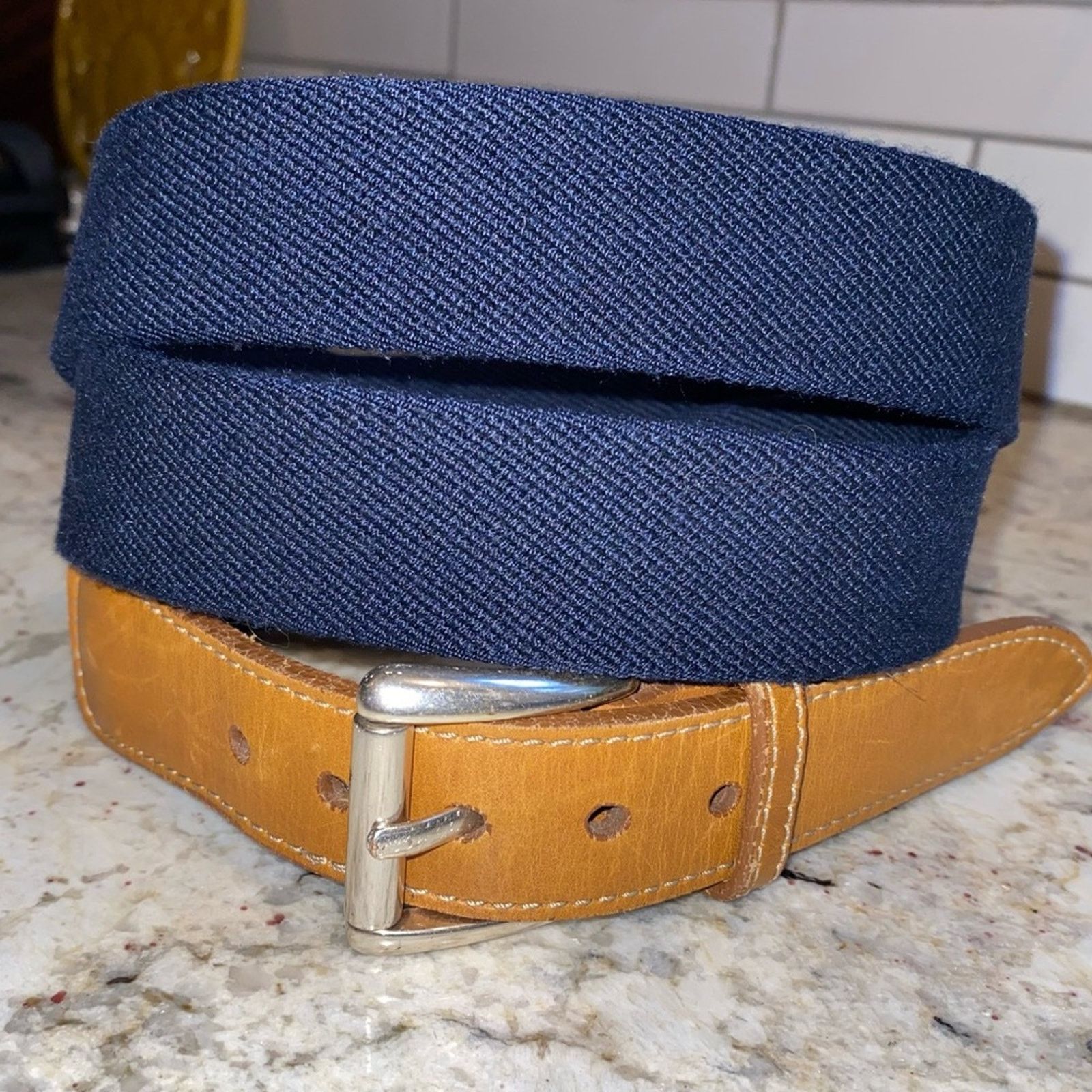L.L. Bean LL Bean $69 Leather Stretch Canvas Silver Mens Belt 48”-51” Size ONE SIZE - 2 Thumbnail