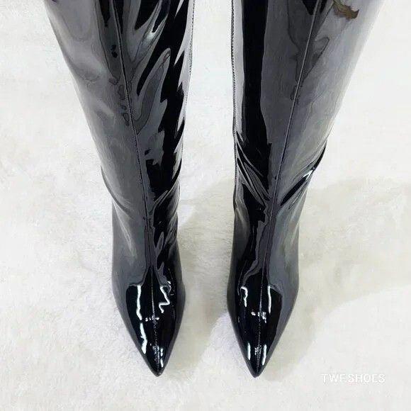 Other Static Shiny Black Patent Knee Boots 3" Kitten Heels (US Sho Size US 6 / IT 36 - 4 Thumbnail