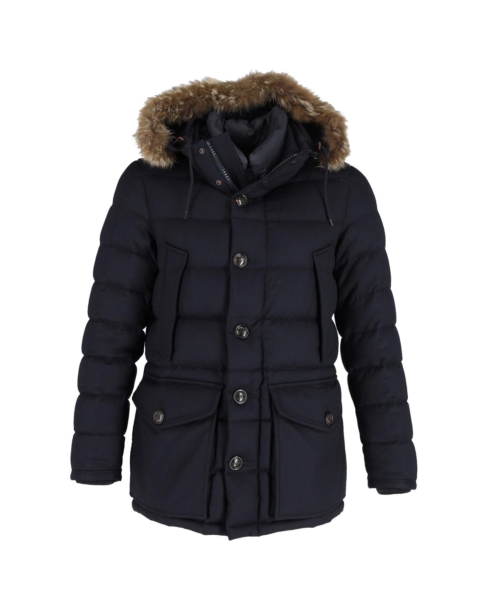 image of Water-Repellent Puffer Jacket With Fur-Trimmed Hood In Black Wool By Moncler, Men's (Size Small)