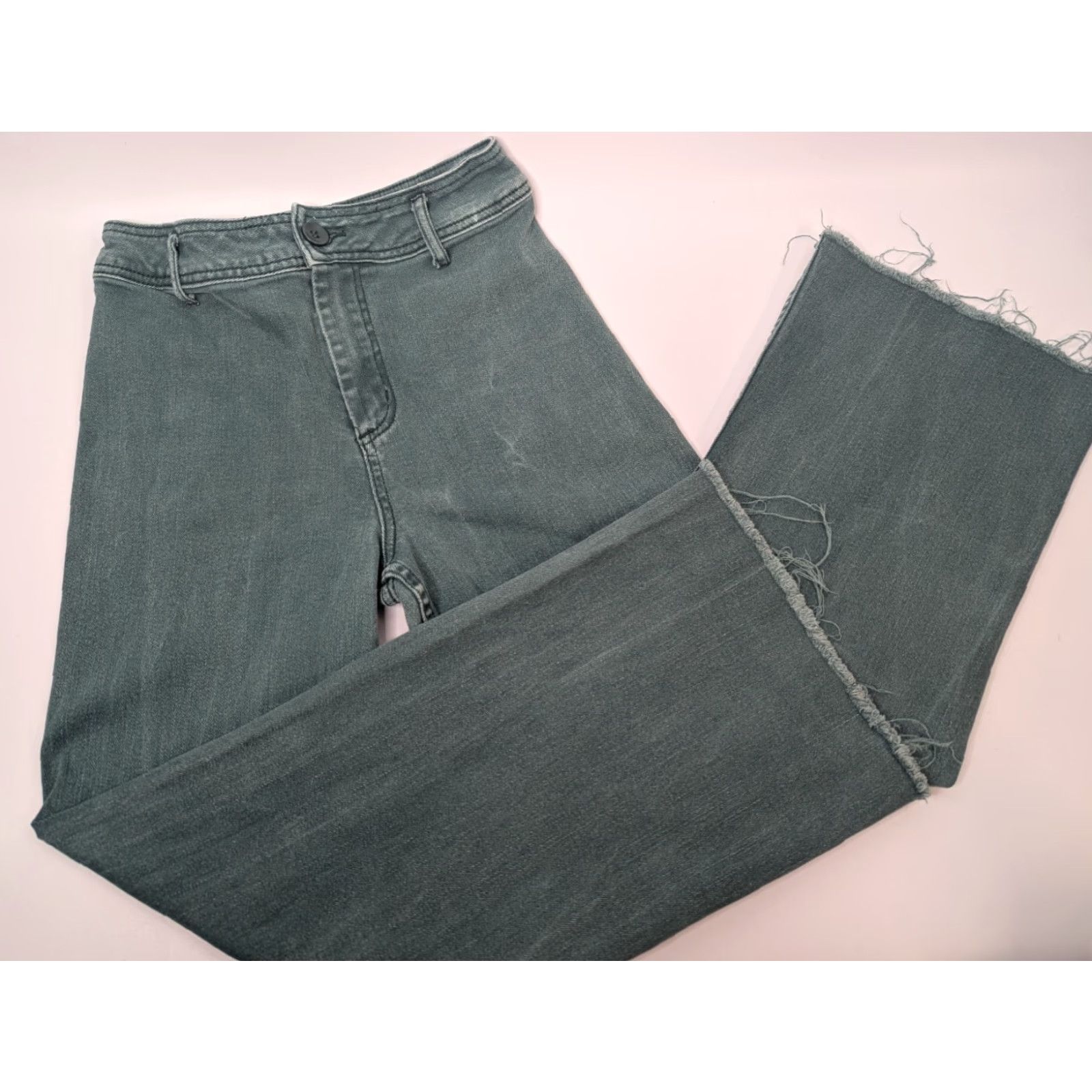 Vintage VINTAGE Miou Muse Jeans Women Medium Green Wide Leg Raw Hem High Rise Cotton Blend Size 32" / US 10 / IT 46 - 2 Thumbnail