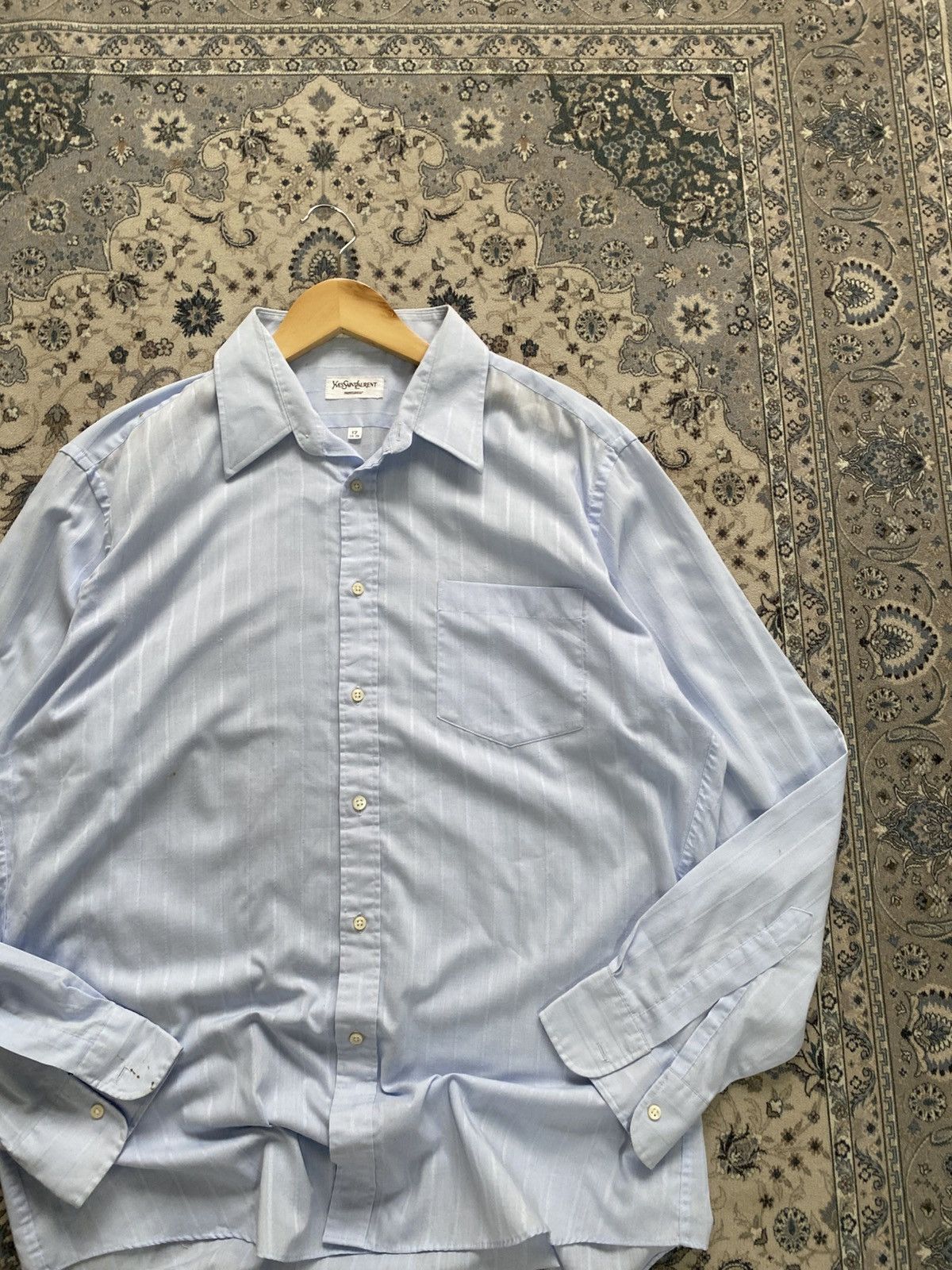 Yves Saint Laurent VINTAGE 80s YSL BLUE LS SHIRT DESIGNER ITALY Size US L / EU 52-54 / 3 - 2 Thumbnail