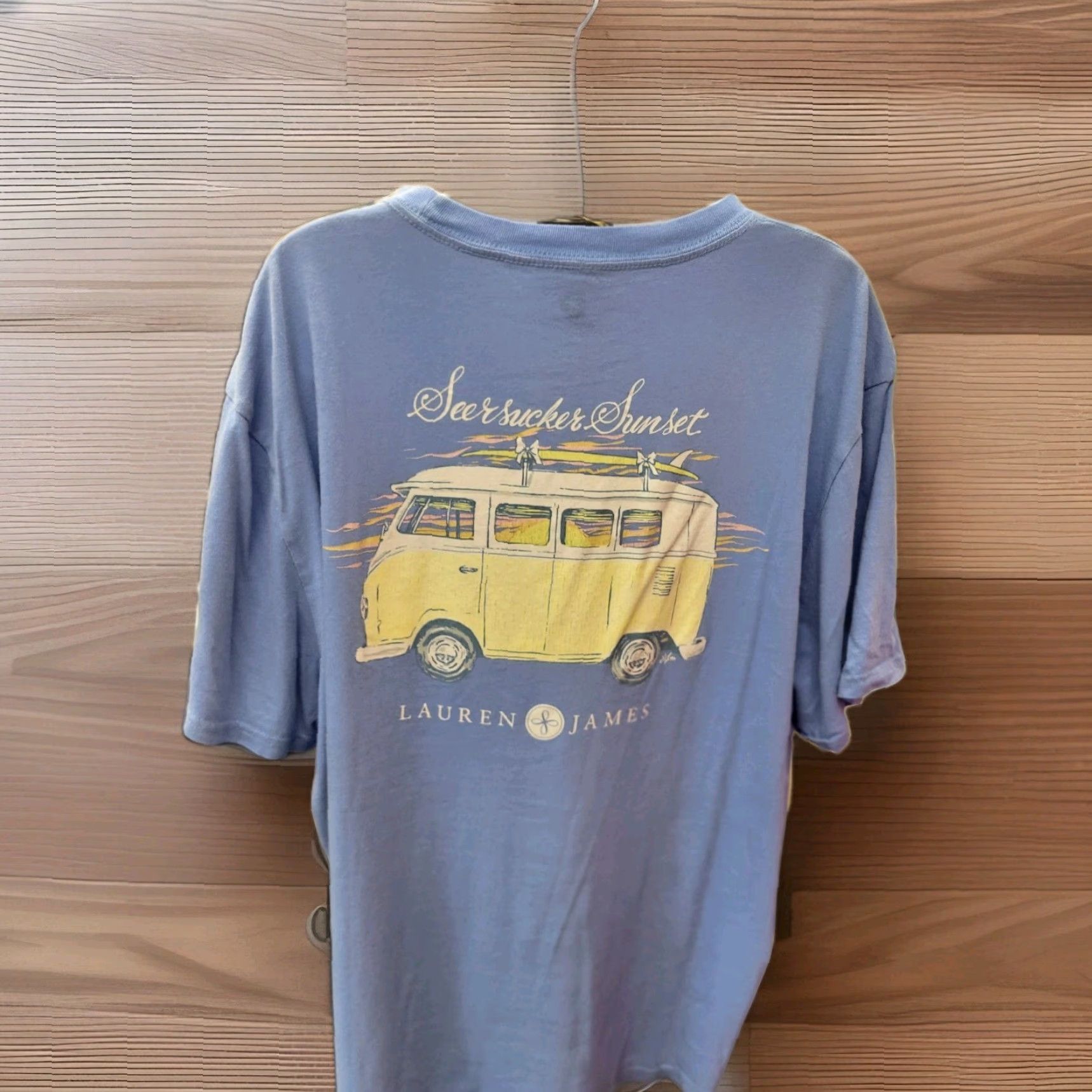 Vintage Lauren James T-Shirt Women 2XL Blue Pocket SeerSucker Sunset VW Van Surf Graphic Print Short Sleeve Crew Neck Casual Baggy? Size XXL / US 16-18 / IT 52-54 - 2 Thumbnail