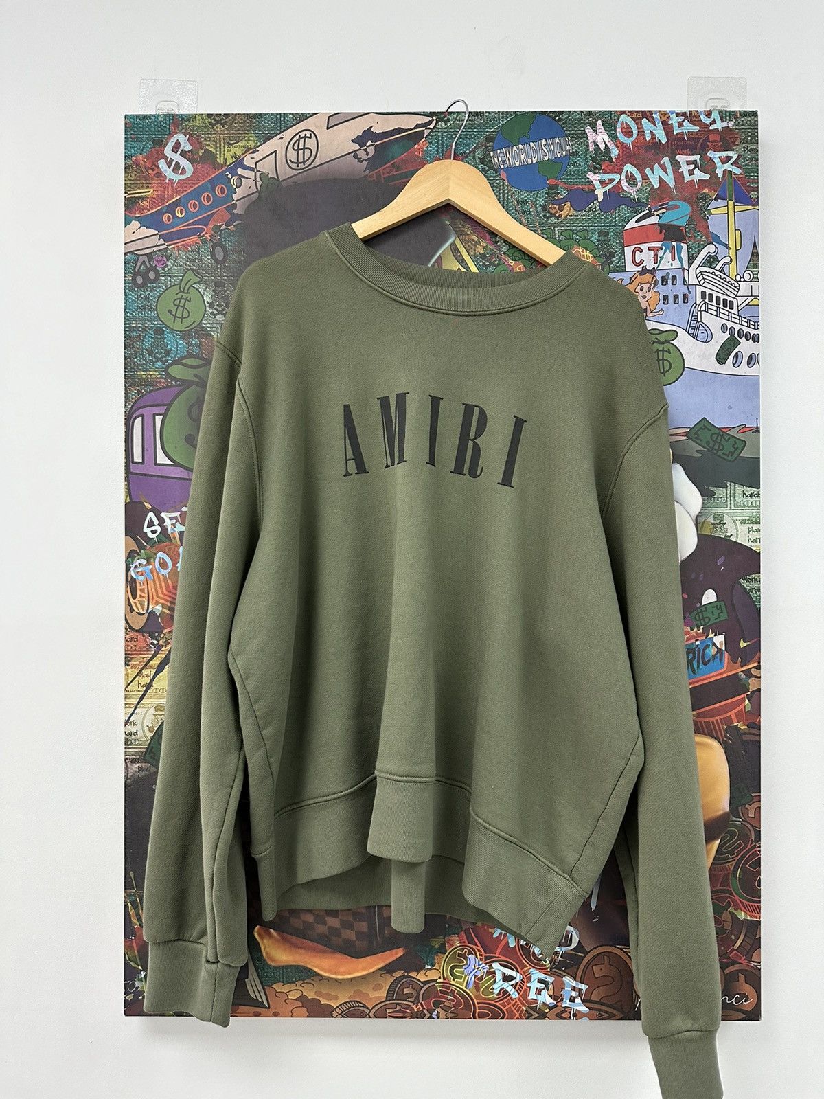 image of Amiri Crewneck Spellout Logo in Olive, Men's (Size XL)