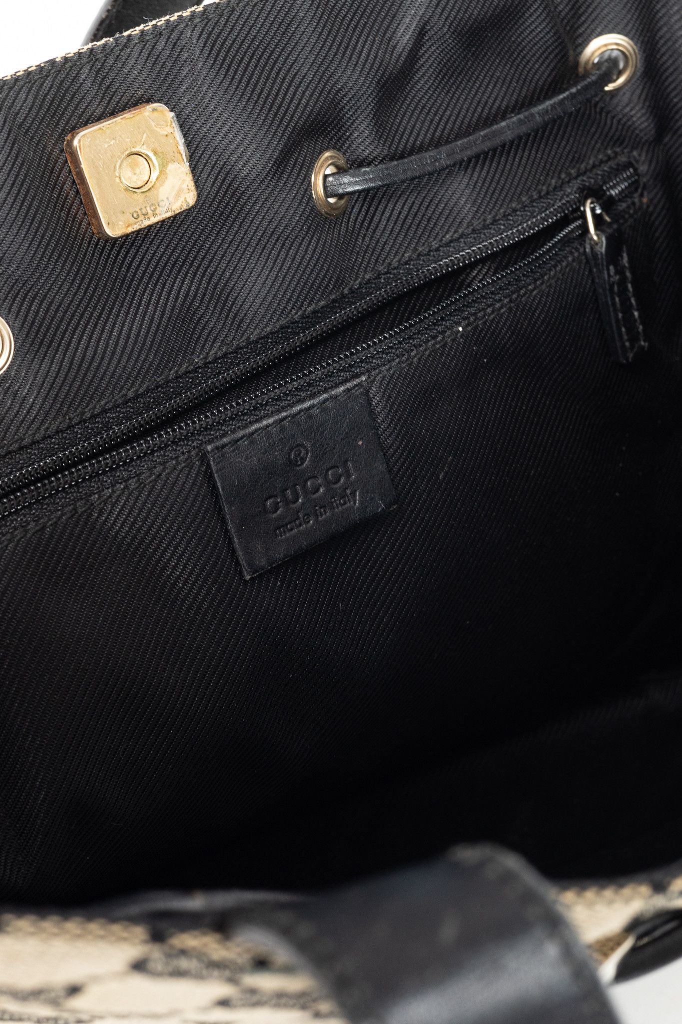 Gucci Gucci Khaki GG Canvas Black-Leather Drawstring Tote Size ONE SIZE - 12 Thumbnail
