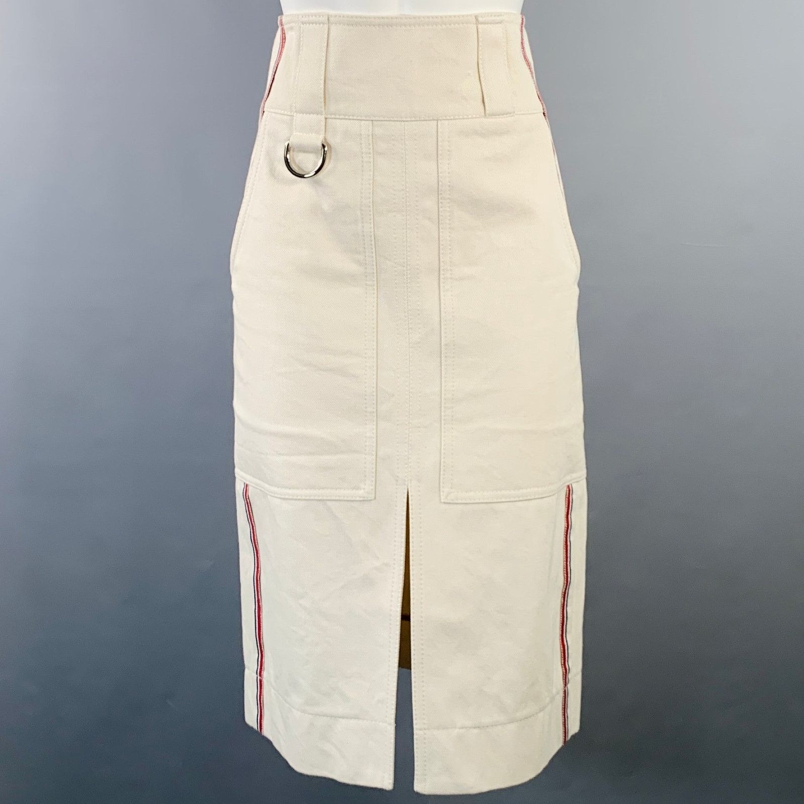 Burberry BURBERRY Cream Red Blue Cotton Twill Stripe Midi Skirt Size 25" / US 0 / IT 36 - 1 Thumbnail