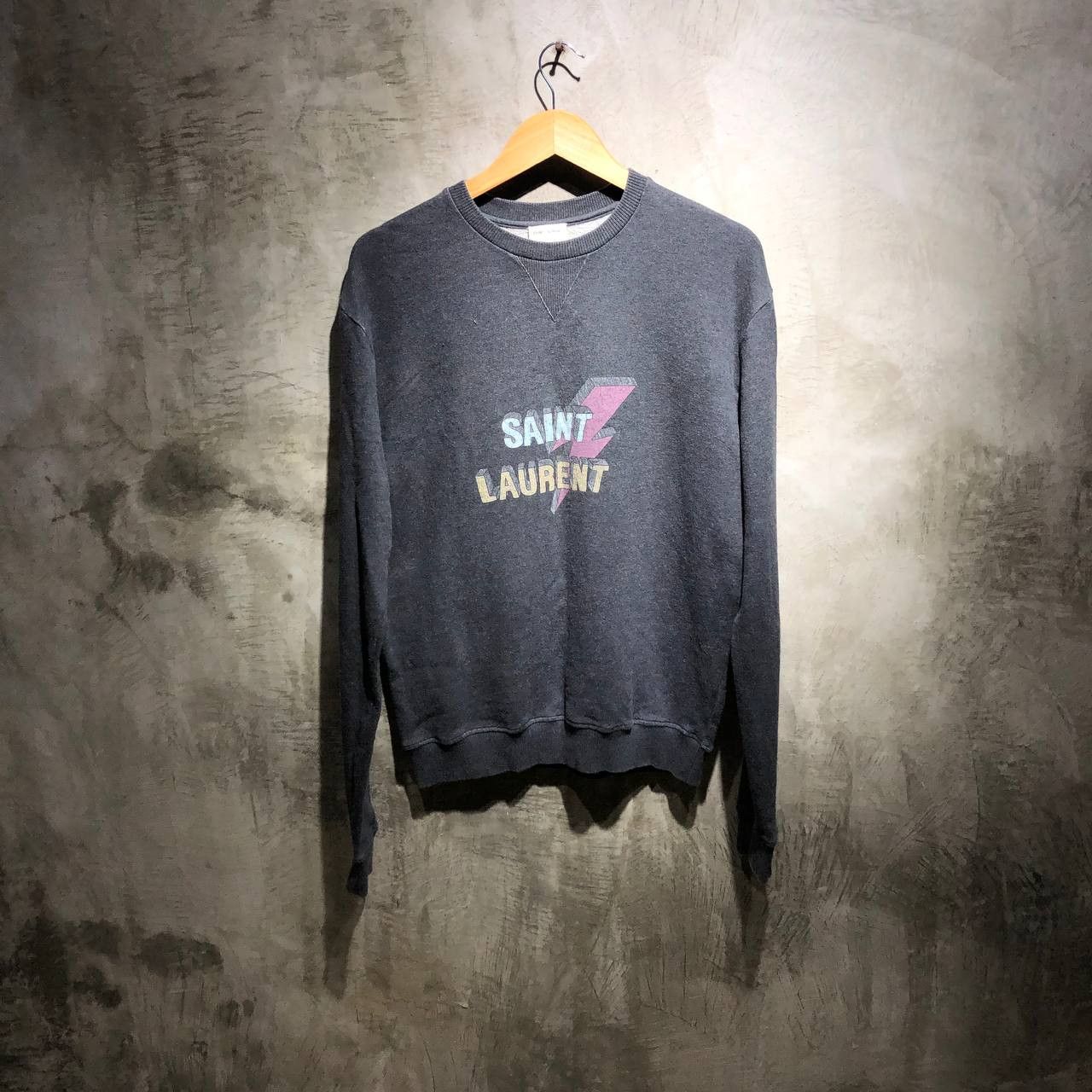 image of Saint Laurent Paris Logo Print Crewneck Long Sleeve in Grey, Men's (Size Large)
