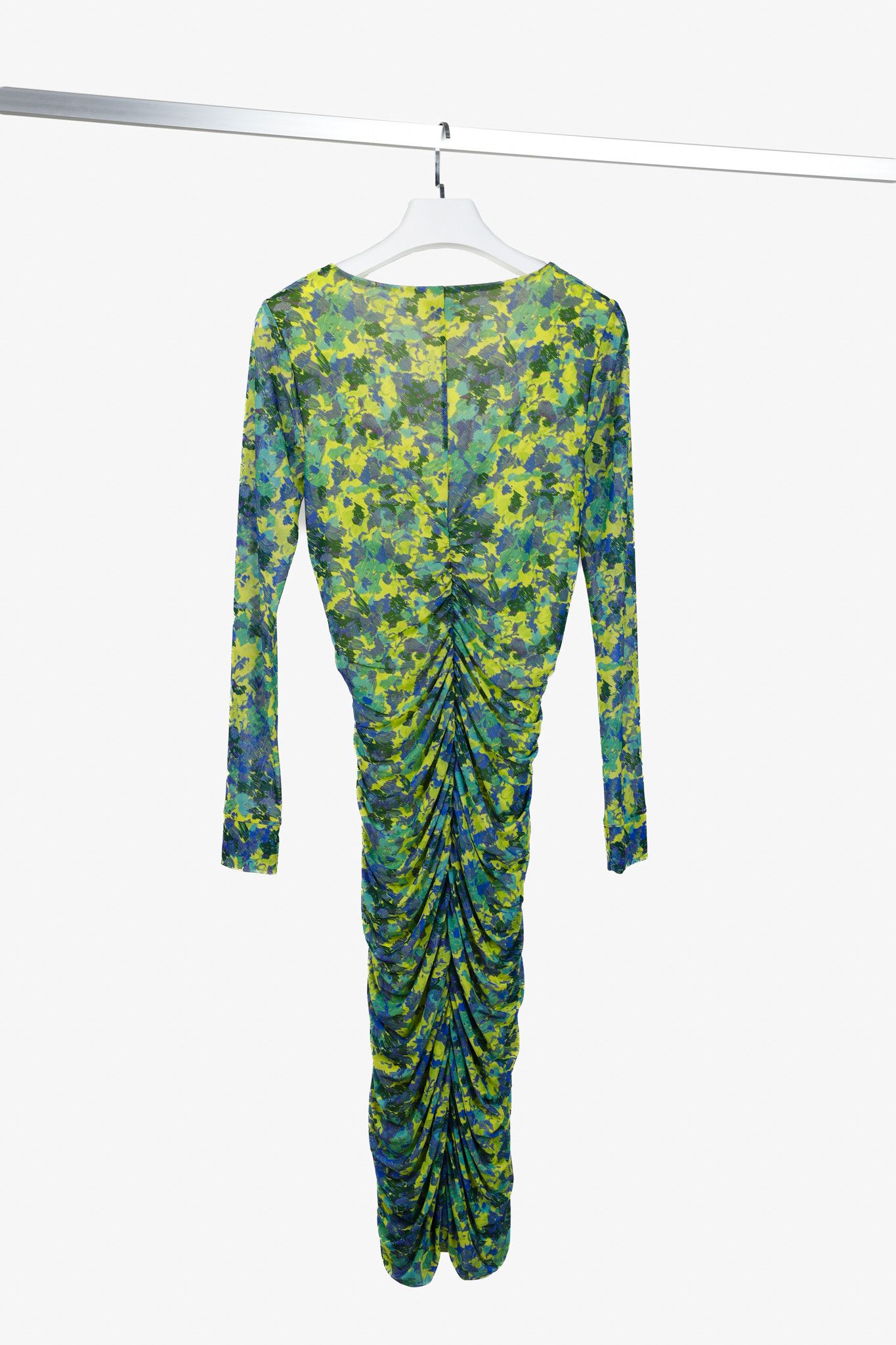 Ganni Ganni Green Ruched Printed Mesh Midi Dress Size S / US 4 / IT 40 - 2 Thumbnail