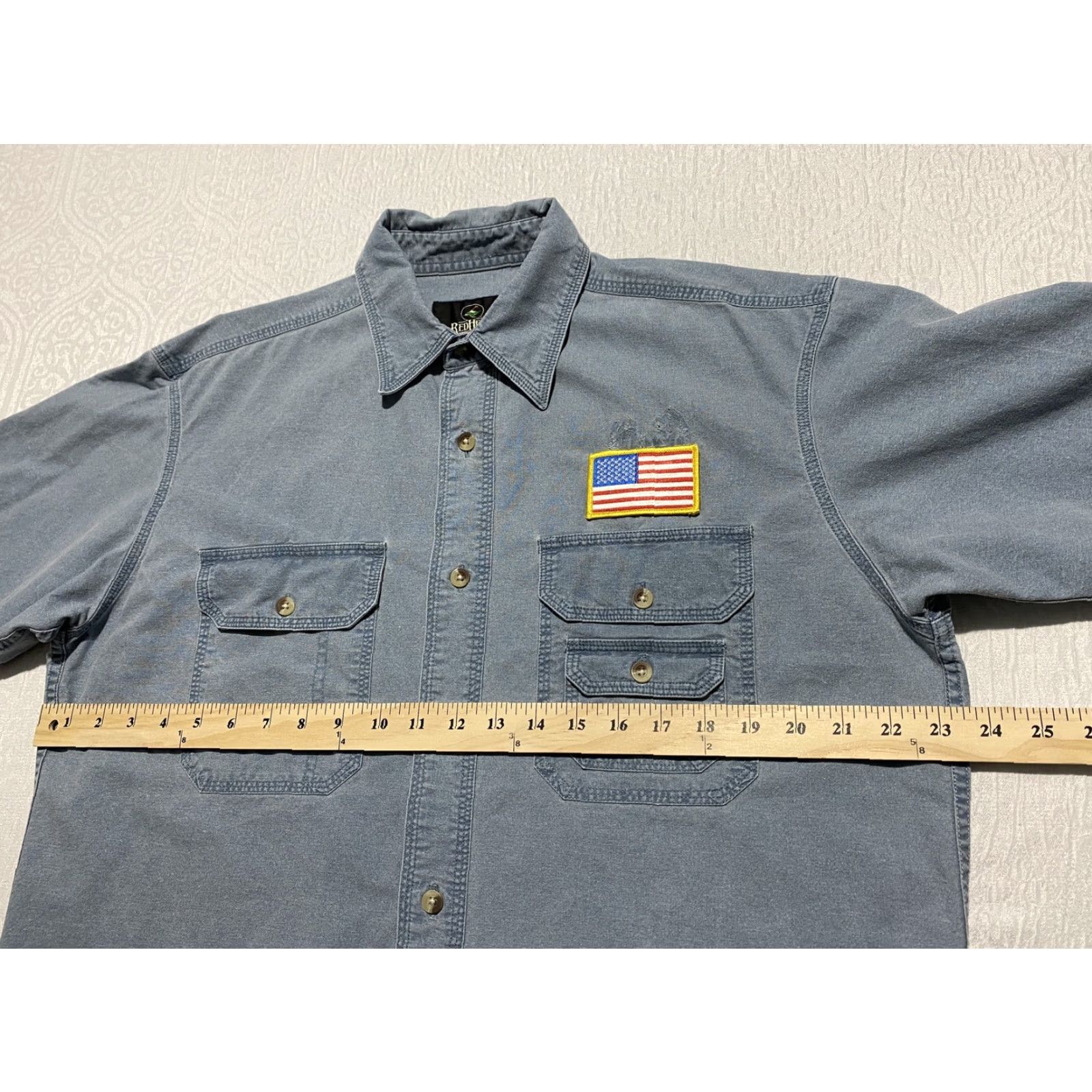 Vintage RedHead Shirt Mens M Blue Short Sleeve Button-Up American Flag Patch Cotton Size US M / EU 48-50 / 2 - 5 Thumbnail