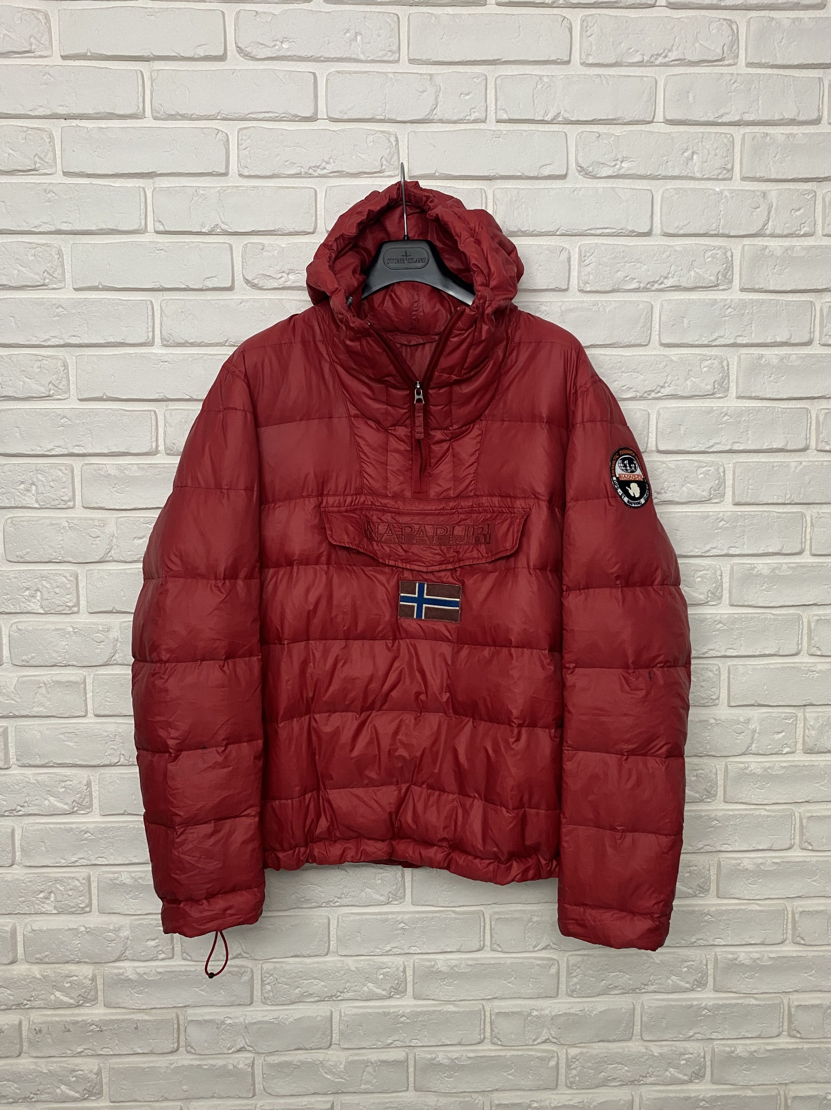 image of Napapijri Down Anorak Jacket Winter Puffer Hooded Size XL in Red, Men's