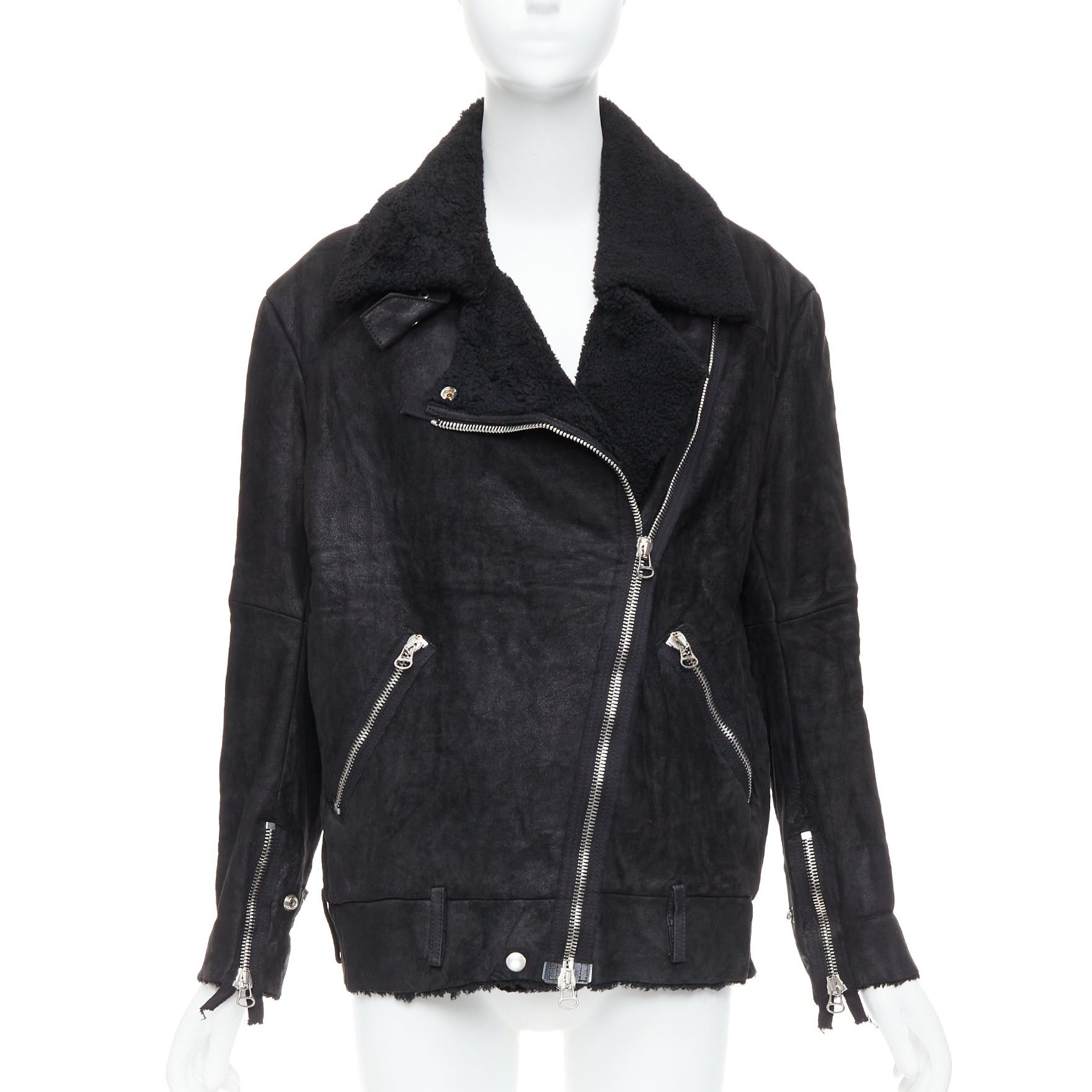Acne Studios ACNE STUDIOS 2011 Velocite black shearling silver zip oversized biker FR34 XS Size XS / US 0-2 / IT 36-38 - 1 Thumbnail