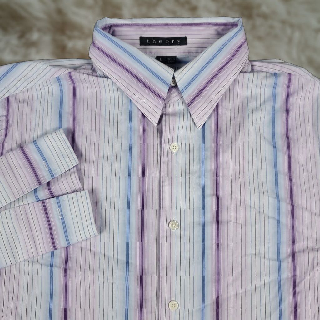Theory Theory Shirt Mens Size Large Purple Blue Striped Button Up Long Sleeve Size US L / EU 52-54 / 3 - 1 Thumbnail
