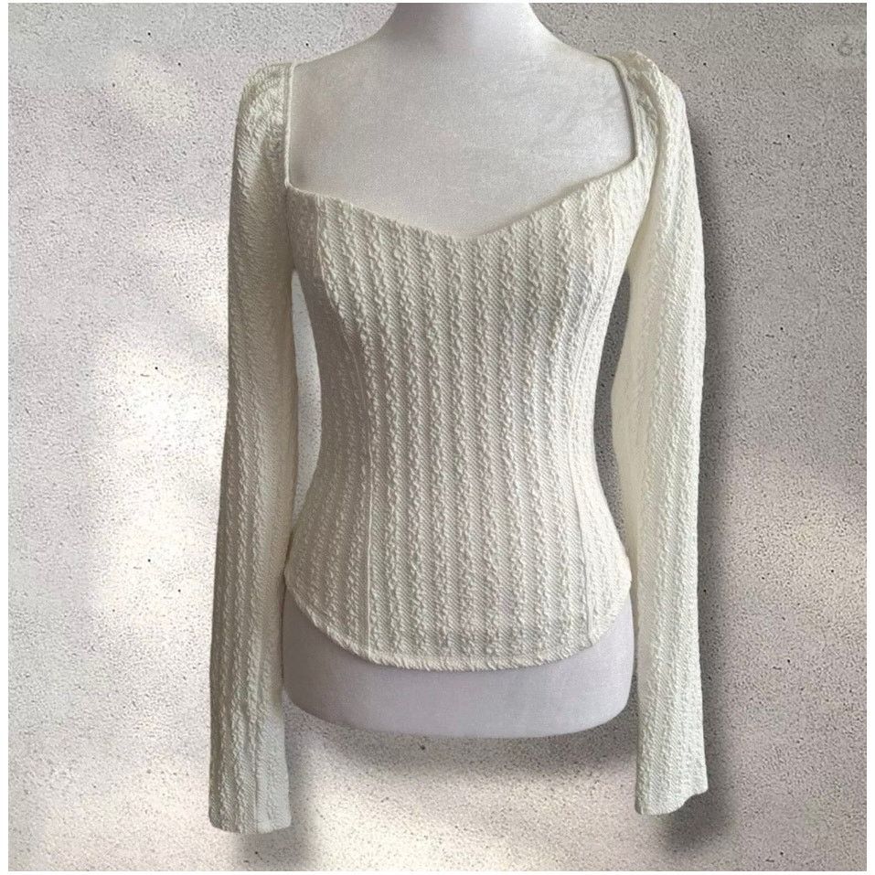 Free People NWT FREE PEOPLE Brittany White Ribbed Puff Sleeve Top Large Size L / US 10 / IT 46 - 7 Thumbnail