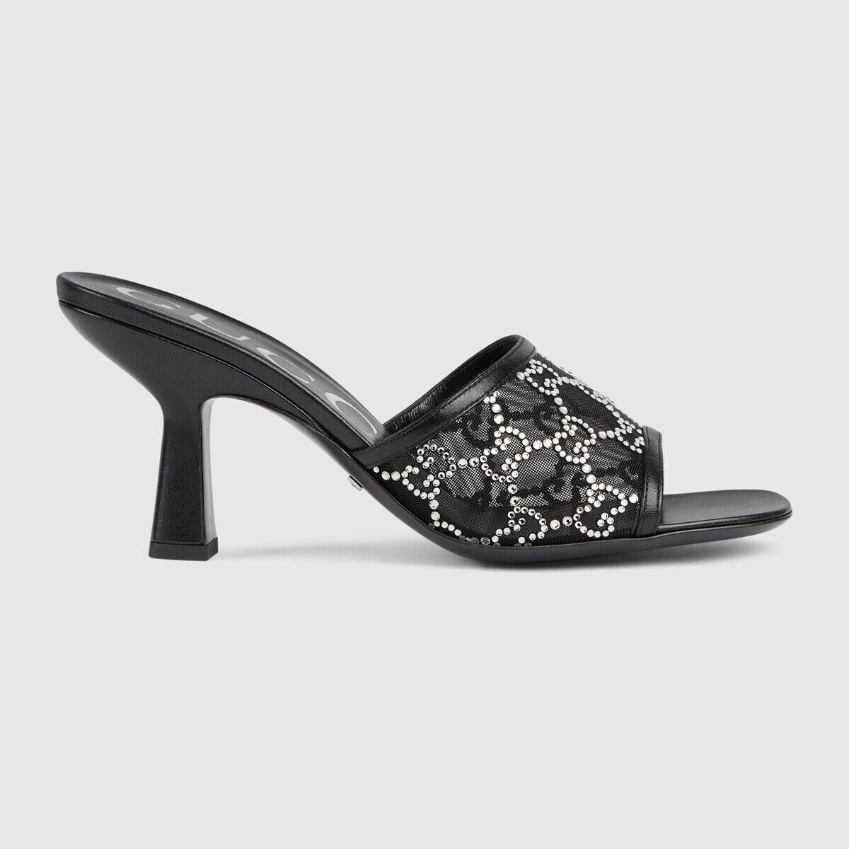 Gucci GG Crystal Mid Heel Slide Sandals SIZE 36.5