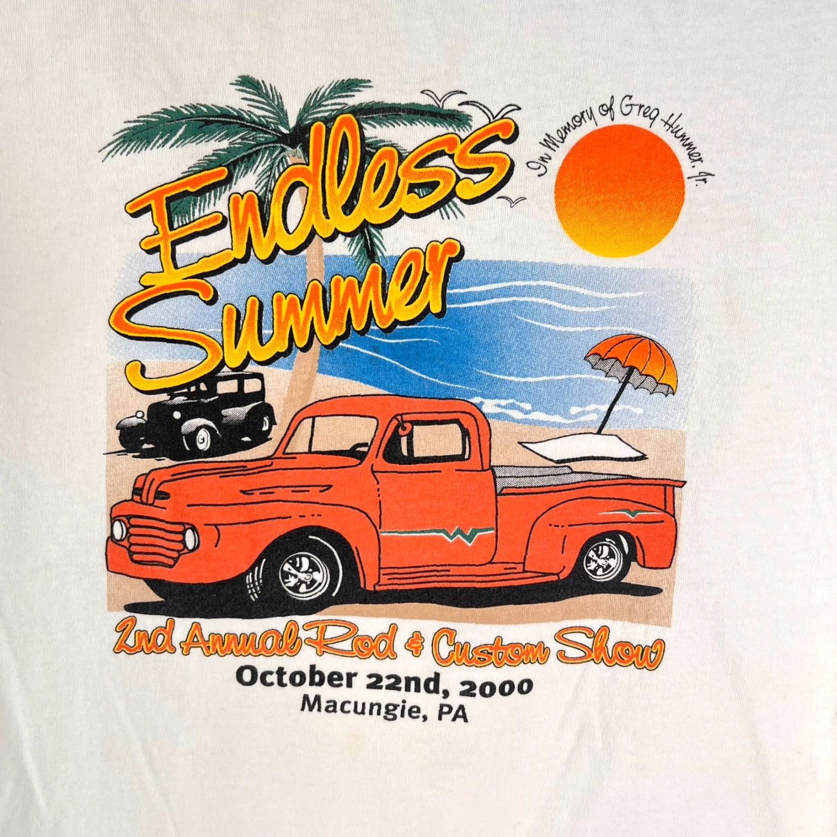 Gildan VINTAGE Endless Summer 2000 Hot Rod Show T Shirt White M Men Graphic Tee 1990s Macungie PA Decade 90s Sportswear/Beach Size US M / EU 48-50 / 2 - 2 Thumbnail