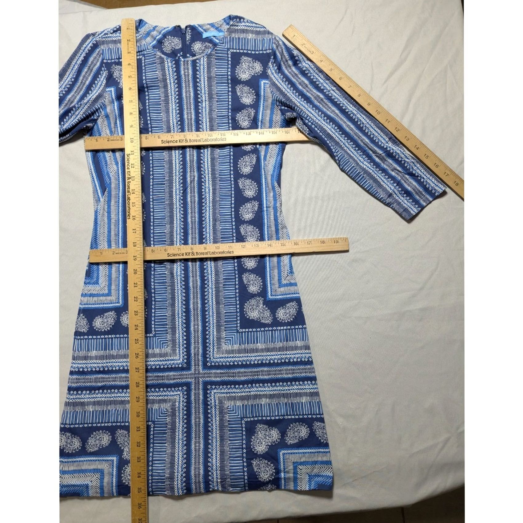 J.McLaughlin J.McLaughlin XS Blue Paisley Geometric Catalina Cloth Sheath Dress Long Sleeve Dress Navy Blue Women XS Belt Zip Collarless Round Neck Casual Workwear Size XS / US 0-2 / IT 36-38 - 5 Thumbnail