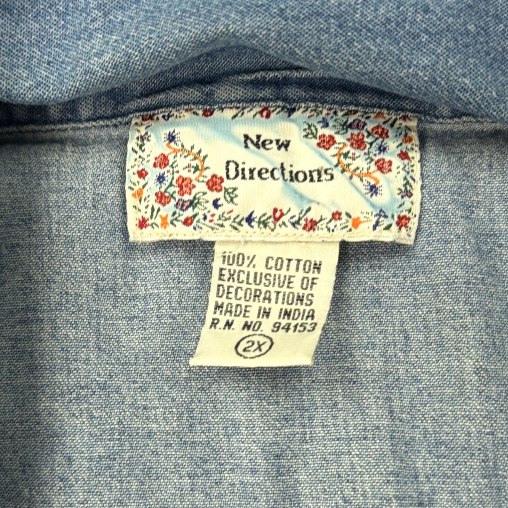 Denime New Directions Shirt 2X Womens Blue Denim Embroidered Floral Button Front Top Size XXL / US 16-18 / IT 52-54 - 7 Thumbnail