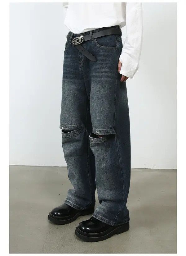 VIBE Distressed washed fashionable straight ripped jeans y2k Size US 32 / EU 48 - 4 Thumbnail