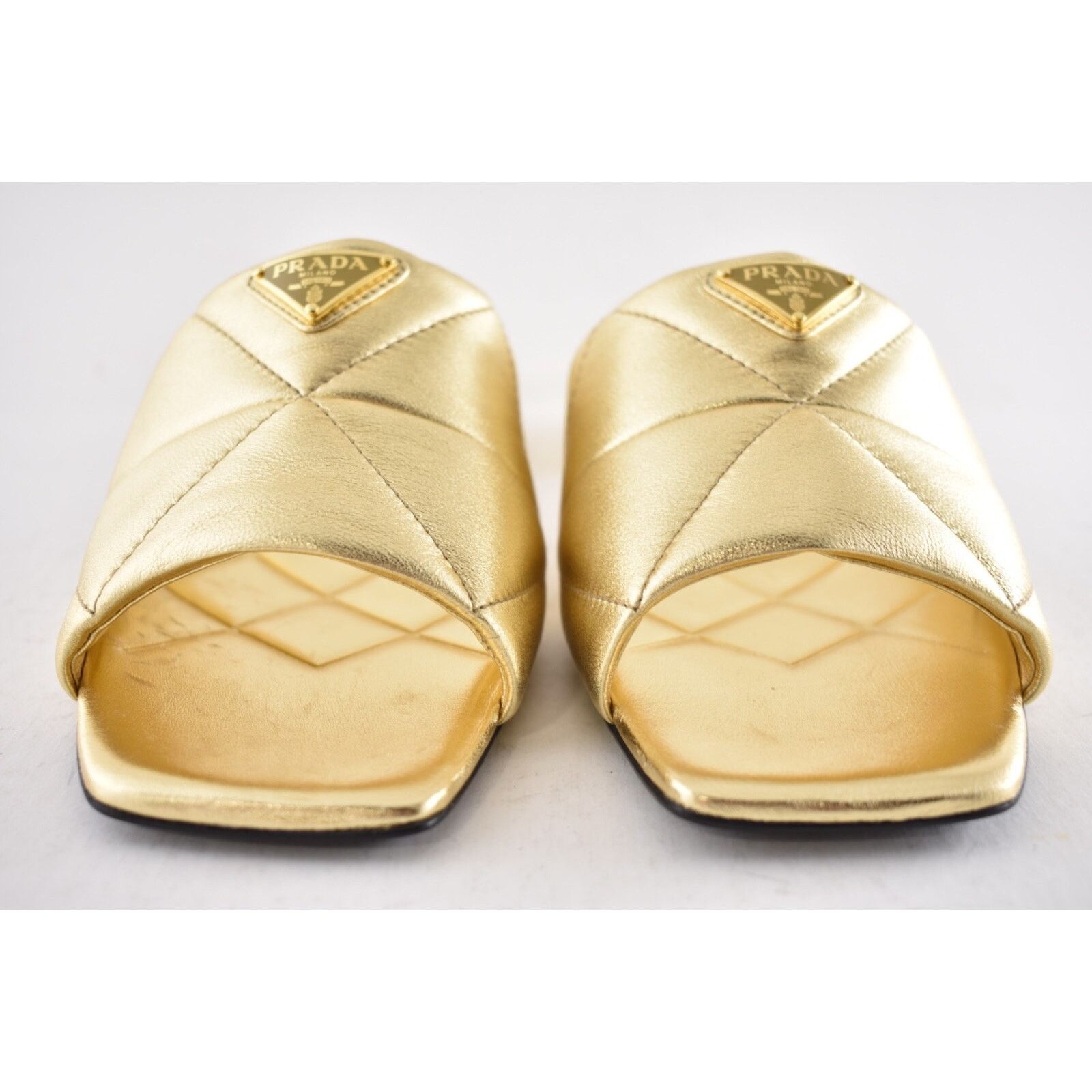 Prada Prada Quilted Leather Diagram Gold Slide Sandal Heel 40.5 Size US 10.5 / IT 40.5 - 9 Thumbnail