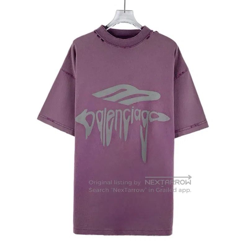 Balenciaga Balenciaga Purple Aged Hole Logo Print Cotton Crewneck Sho Size US S / EU 44-46 / 1 - 1 Thumbnail