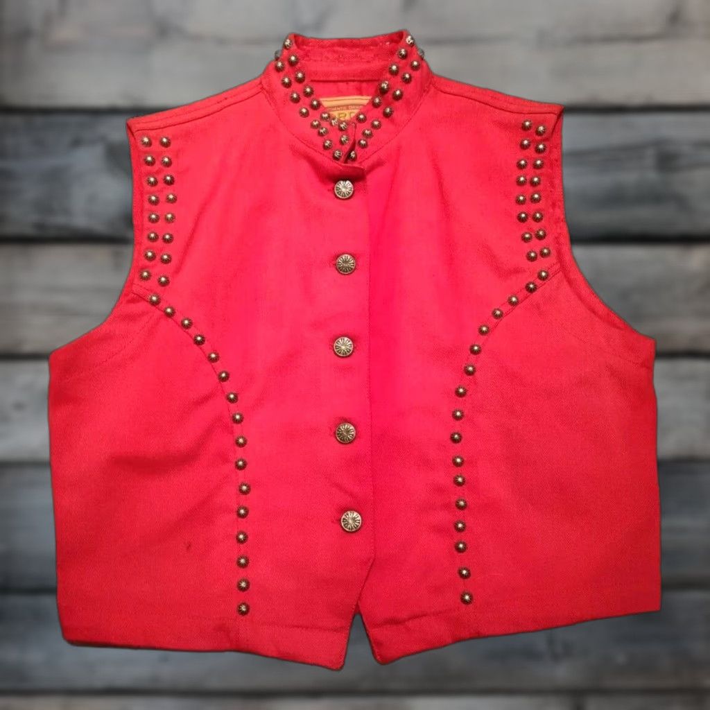 Denime VINTAGE Gordon James Denim Vest Women's Medium Red Western Rodeo Studded 80s Cowboy Sleeveless Size 32" / US 10 / IT 46 - 1 Thumbnail