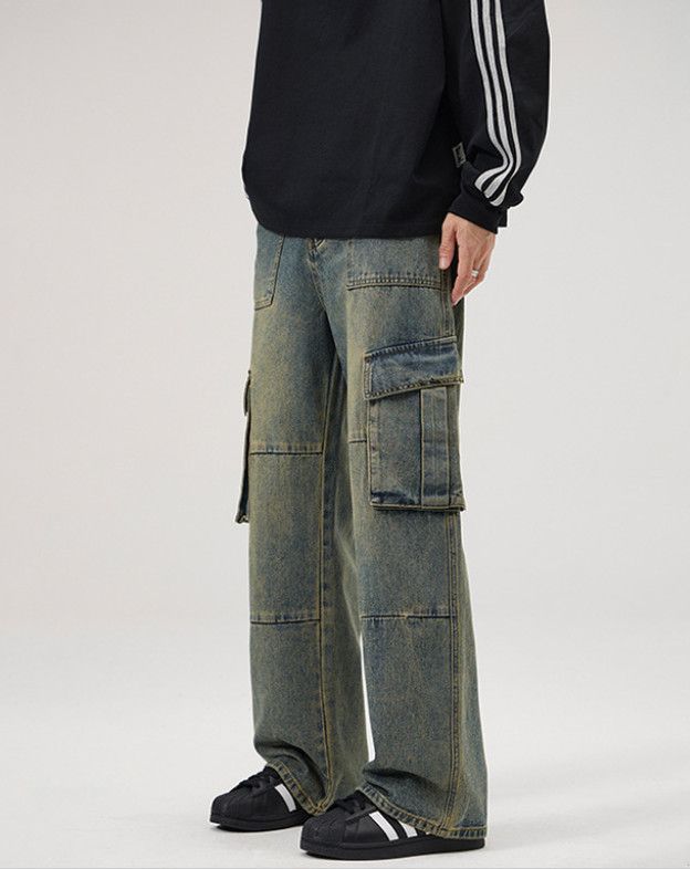 Vintage American retro washed multi-pocket men's loose work jeans Size US 32 / EU 48 - 2 Thumbnail