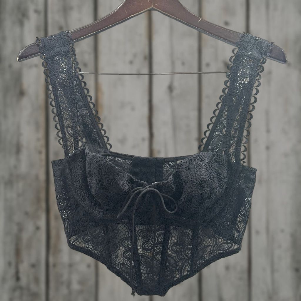 For Love And Lemons Sammie Crop Lace Corset Womens M Black Cropped Sleeveless Sweetheart Top 90s Y2K Goth Bohemian Designer Couture Fashion