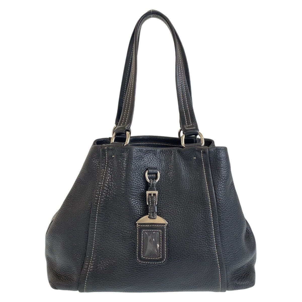 Prada Prada Prada Black Leather Tote Shoulder Bag with Name Tag and Silver Hardware Leather Tote Bag in Very Good Condition Size ONE SIZE - 1 Thumbnail