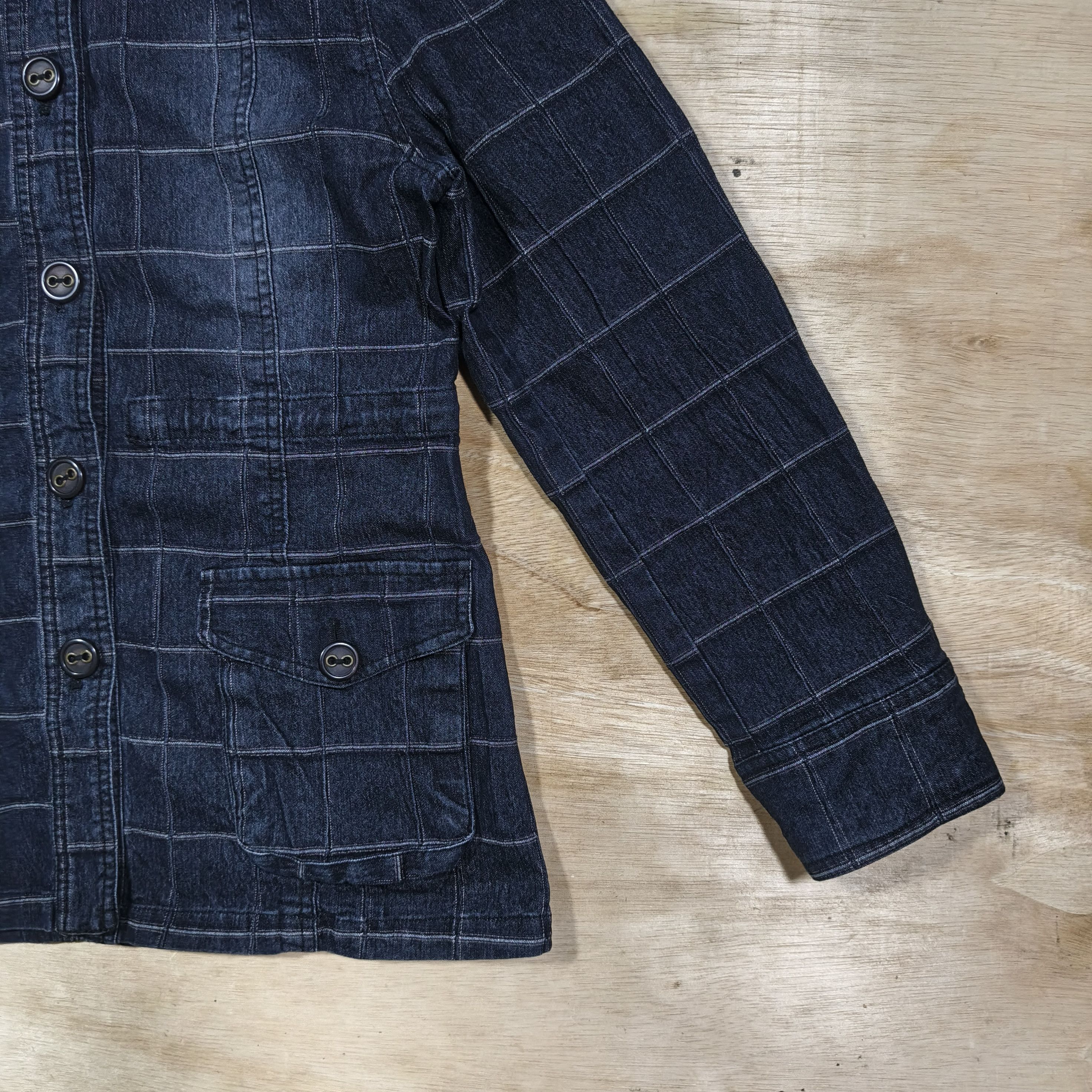 Japanese Brand Plymtone Mock Neck Quilted Grid Pattern Denim Jacket Size L / US 10 / IT 46 - 4 Thumbnail
