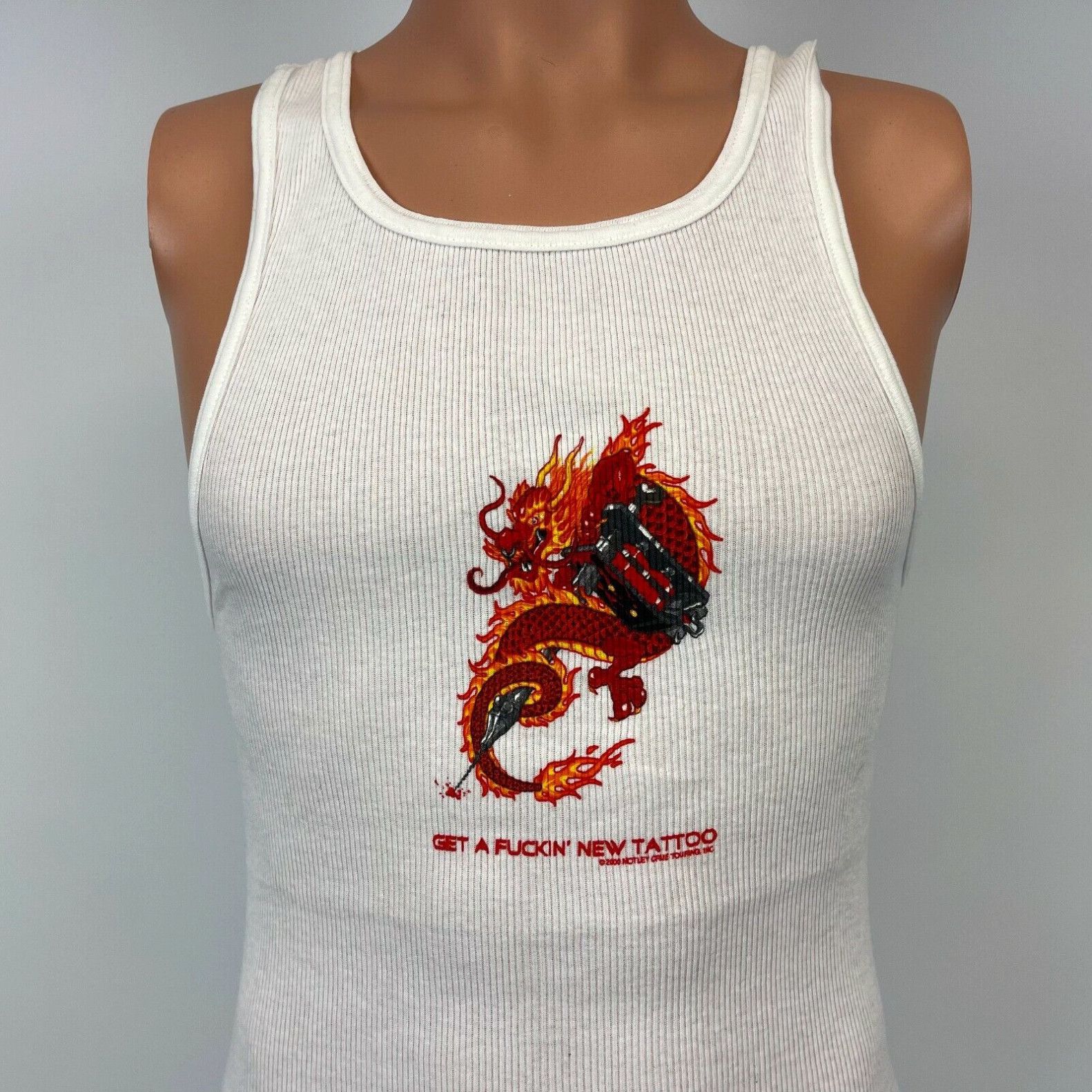 image of Hanes Motley Crue Get A New Tattoo Flaming Dragon Tank Top VTG 2000 Tommy Lee XL in White, Men's