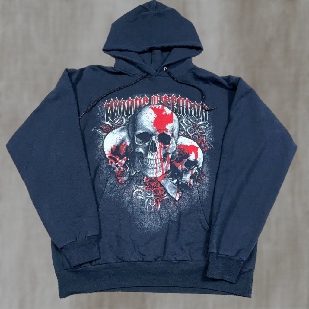 VINTAGE Hanes Hoodie Men L Black Skull Logo Graphic Print Pullover Hooded All Seasons