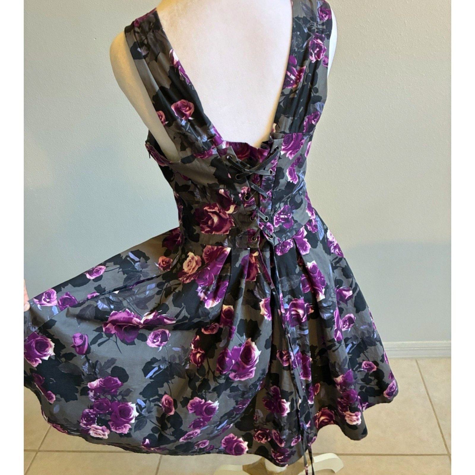 Hot Topic Hot Topic Y2K Purple Roses Fit Flare Mini Dress 2XLTie Back Size XXL / US 16-18 / IT 52-54 - 6 Thumbnail