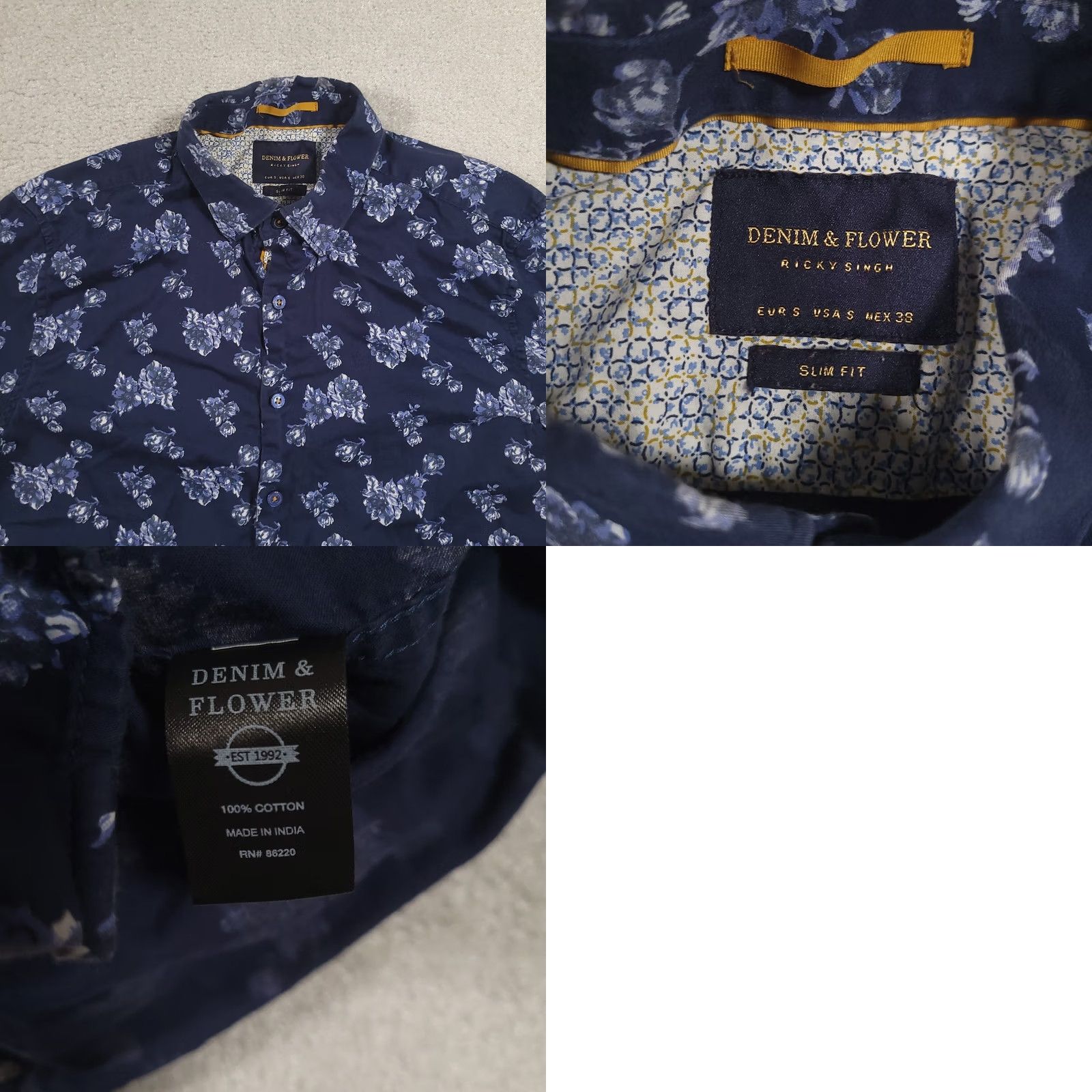 Denime Flower & Denim Ricky Singh Slim Fit Floral Print Shirt Size S Blue Size US S / EU 44-46 / 1 - 8 Thumbnail