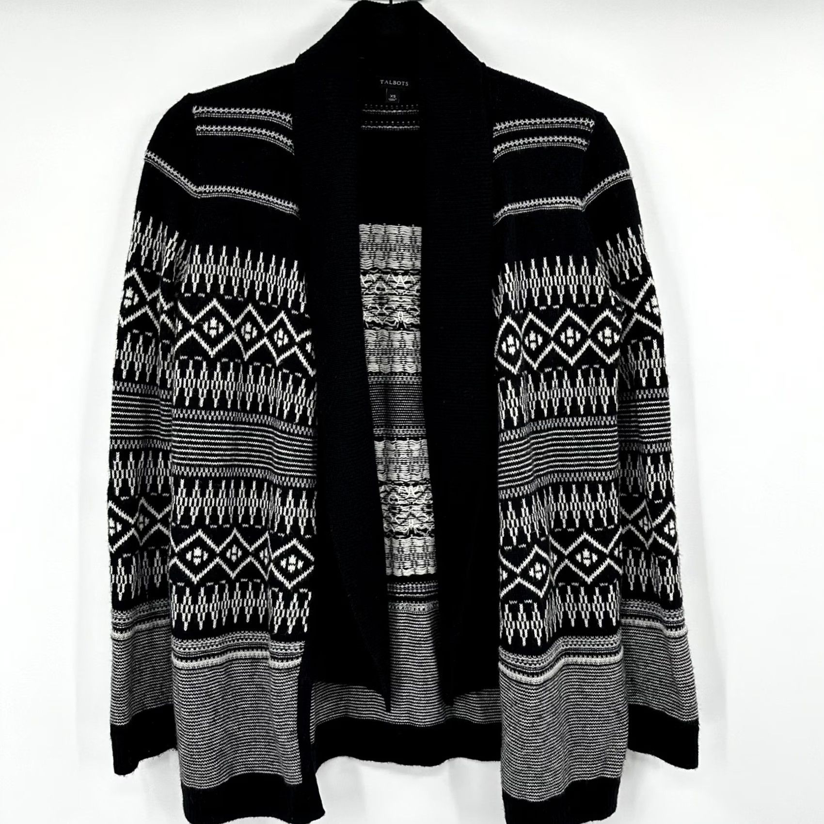 Talbots VINTAGE Talbots Black Fair Isle Geometric Shawl Collar Cardigan Lambswool Sweater XS Size XS / US 0-2 / IT 36-38 - 2 Thumbnail