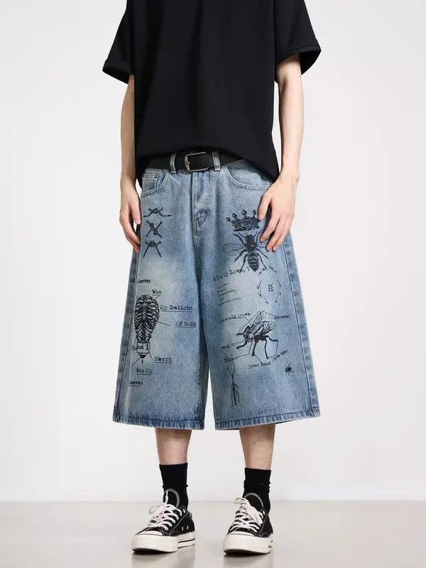 Vintage VIBE Retro graffiti insect pattern baggy denim shorts Size US 30 / EU 46 - 2 Thumbnail