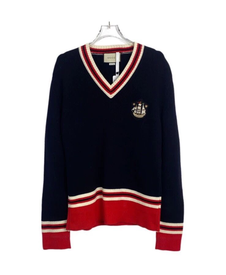 Gucci Gucci Badge embroidery dark blue V-neck knitted sweater 250 Size US S / EU 44-46 / 1 - 1 Thumbnail