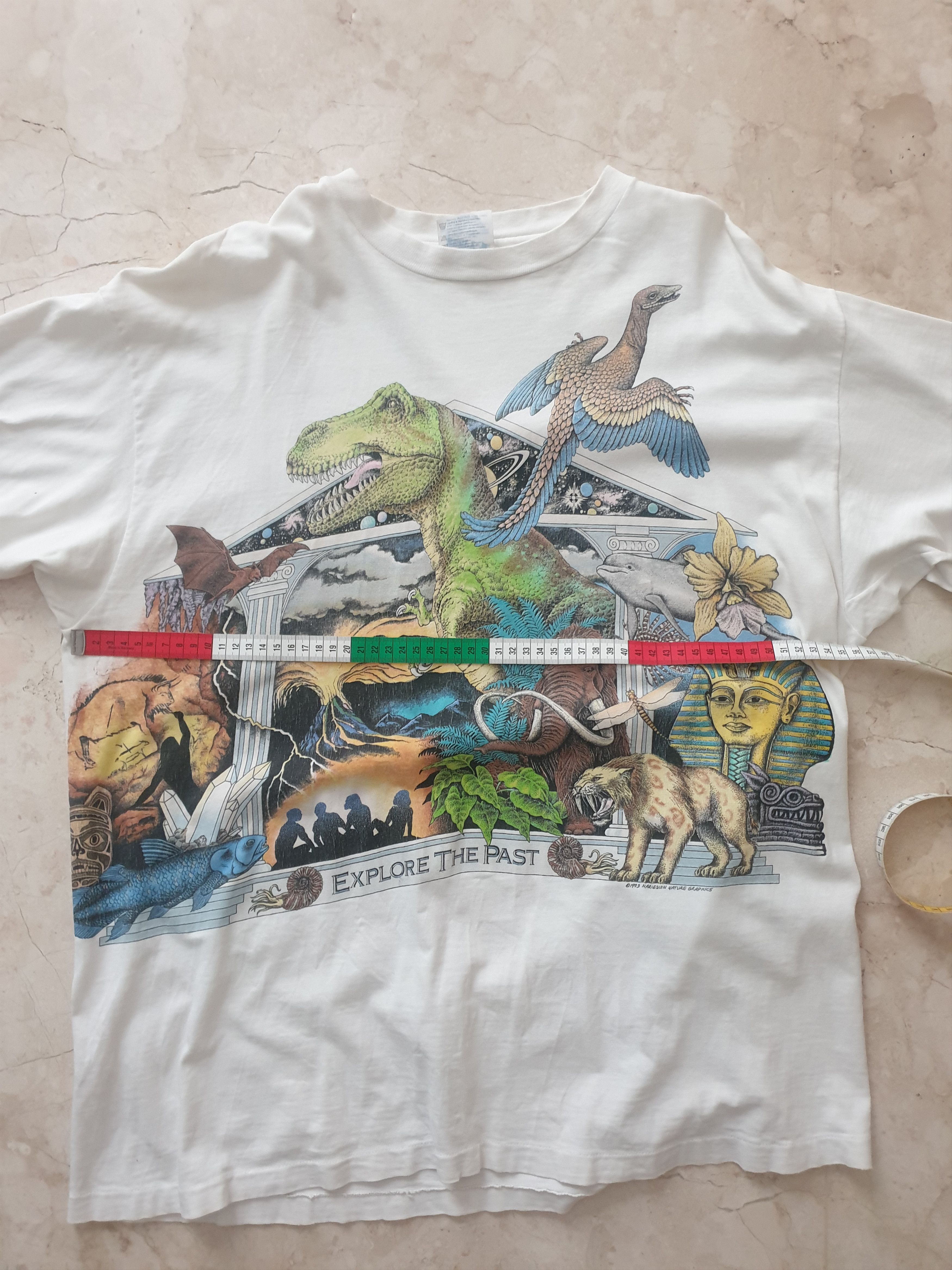 image of Vintage Dinosaur 90's Art Science Museum Harlequin in White, Men's (Size XL)