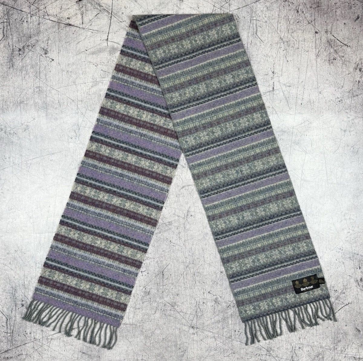 Barbour Barbour 100% Lambs wool Fair Isle Scarf Gray Purple Fringe Size ONE SIZE - 3 Thumbnail