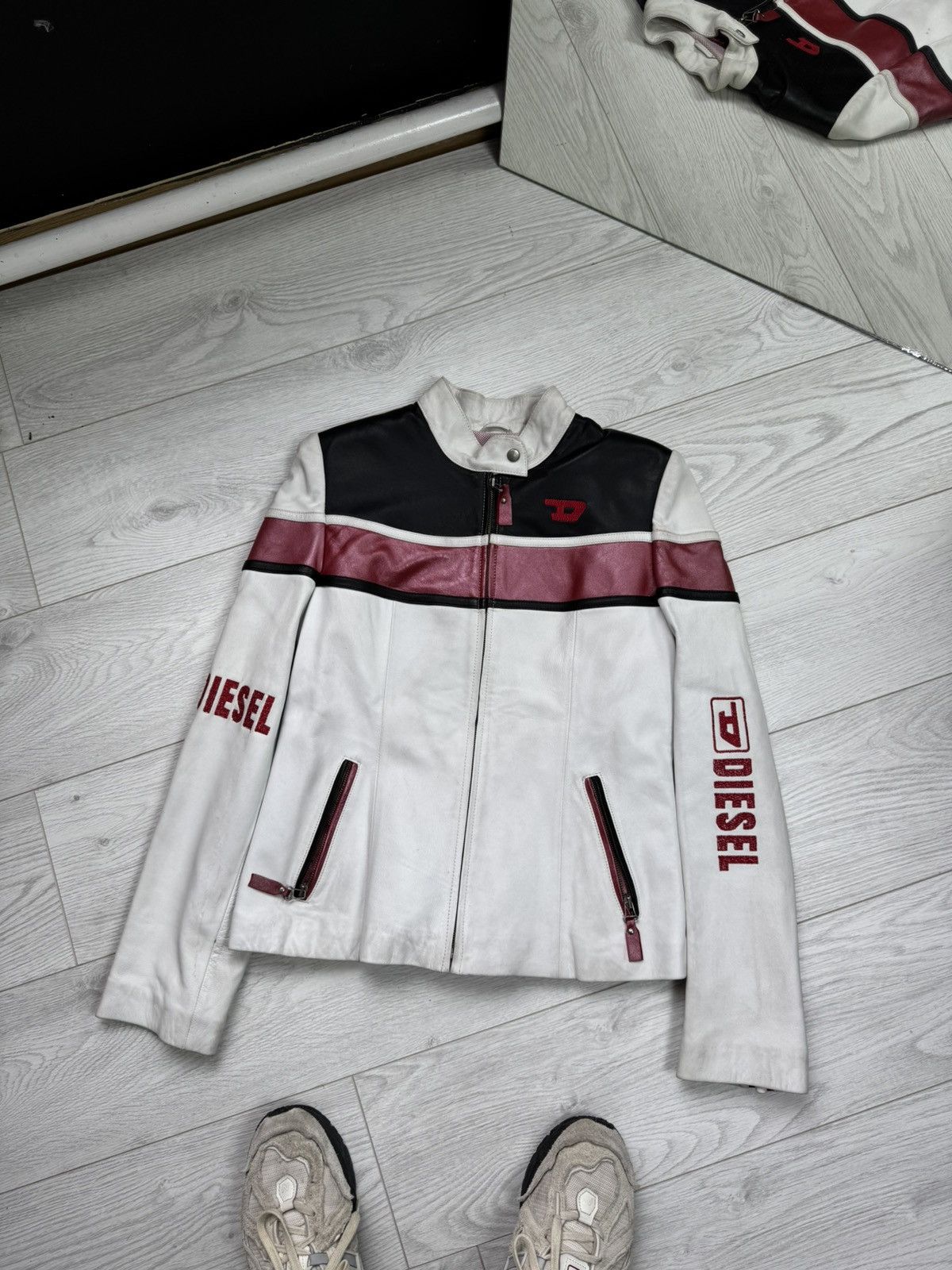 RARE⚠️ Diesel Vintage Y2K Moto White Leather Jacket Big Logo