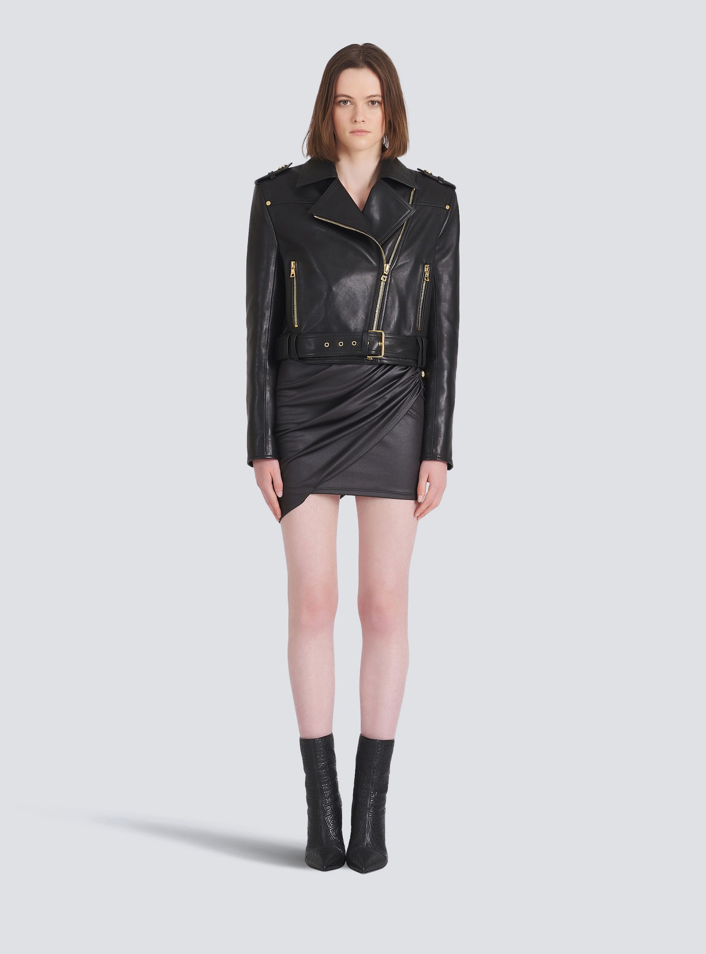 Balmain o1srvl11e1125 Short Leather Biker Jacket in Black Size XS / US 0-2 / IT 36-38 - 3 Thumbnail