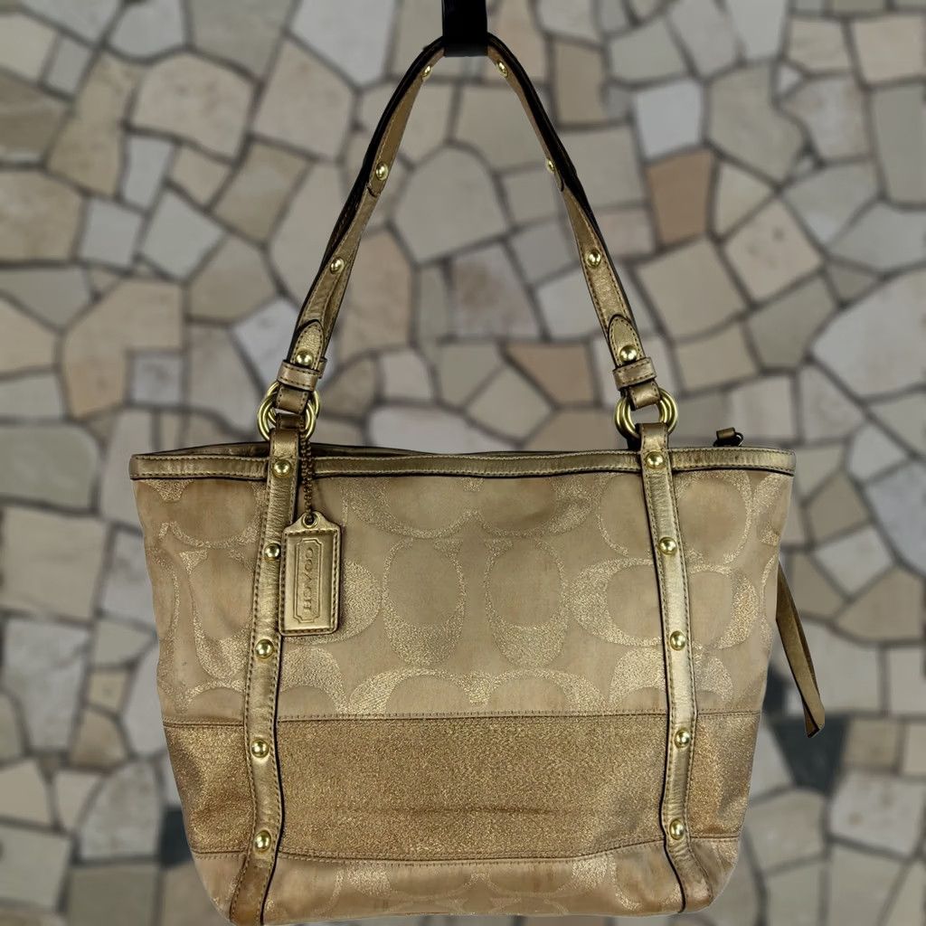 Coach Coach Signature Stripe Studded Lurex Tote Gold 12905 Shoulder Handbag Purse, Medium, Women, Tote, Gold, Striped, Bag Charm Size ONE SIZE - 1 Thumbnail