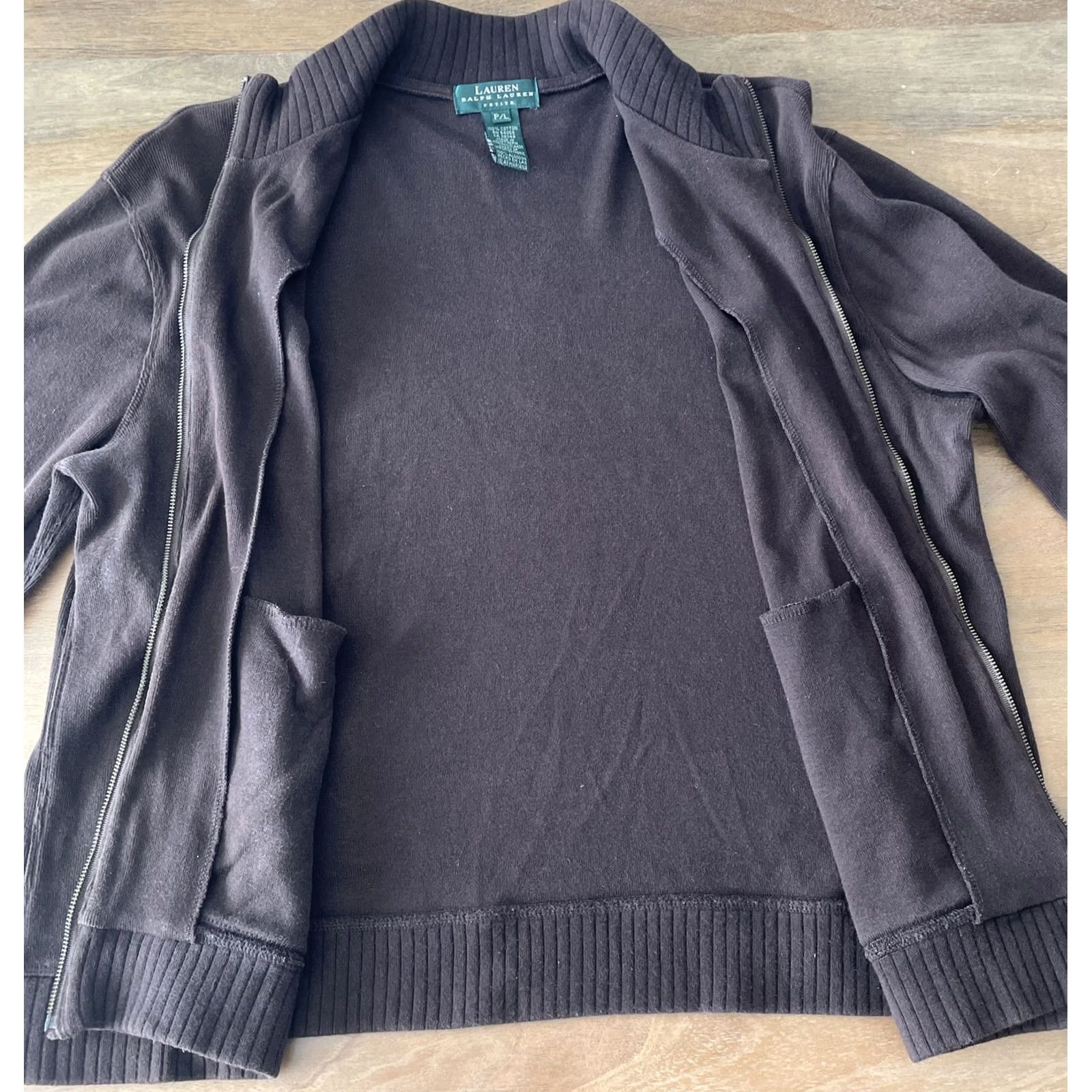 Ralph Lauren VINTAGE Lauren Ralph Lauren Sweater Jacket PL Brown Cotton Full Zip Elbow Patch Made USA Womens 90s Size L / US 10 / IT 46 - 2 Thumbnail
