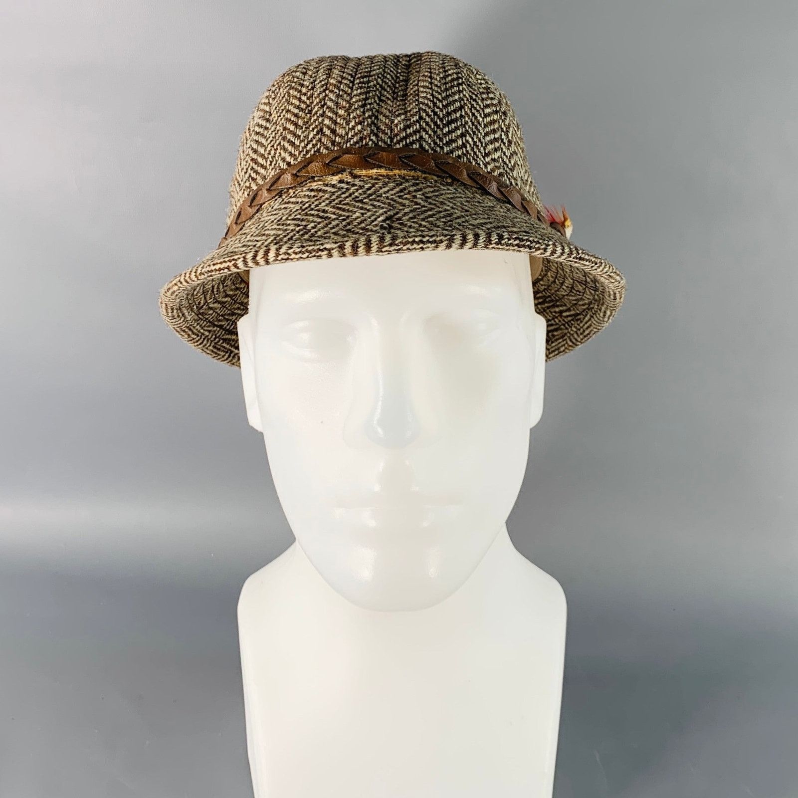 Other Brown Beige Herringbone Braided Leather Trim Fabric Hat Size ONE SIZE - 3 Thumbnail