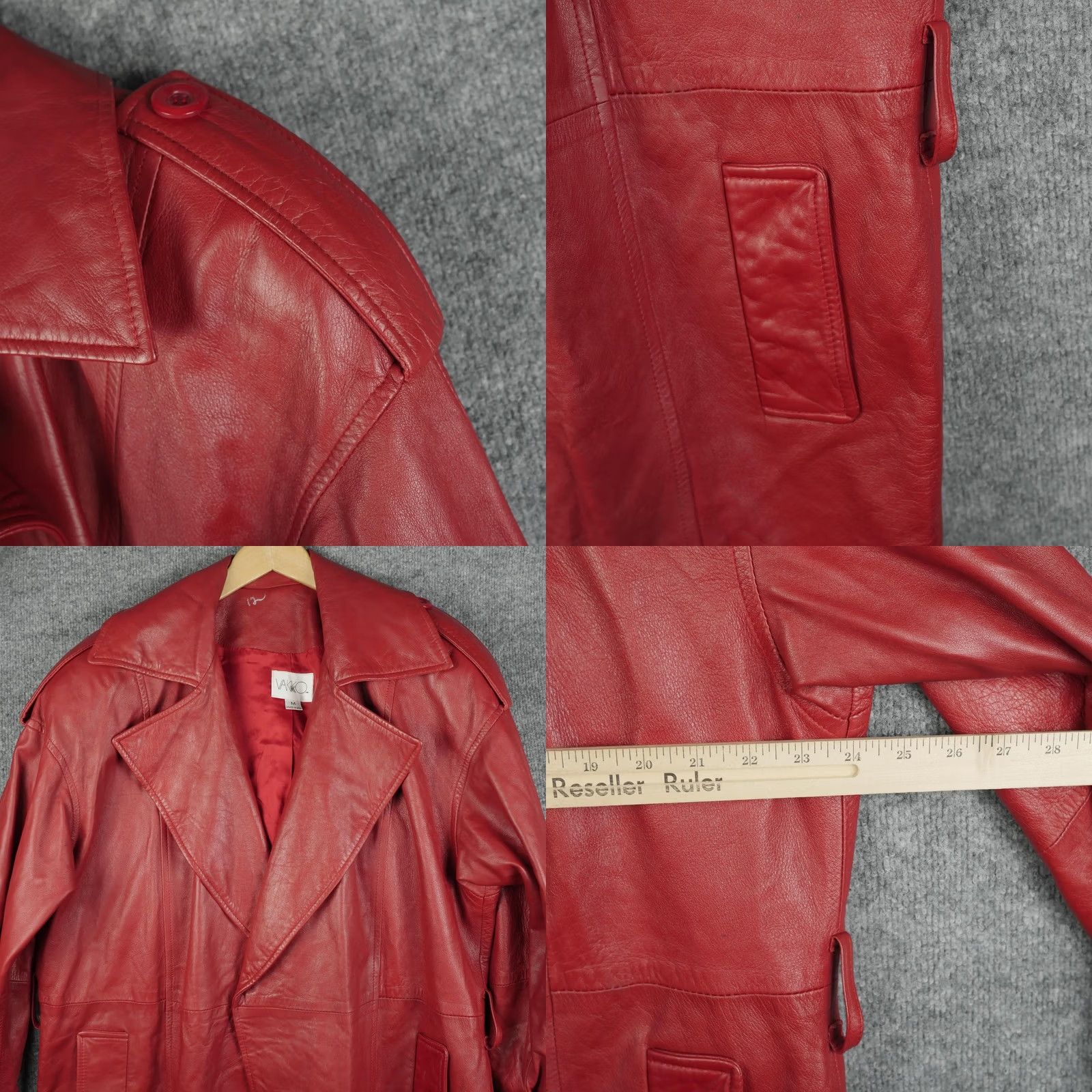 Epaulet VINTAGE Vakko Coat Womens Medium Red Leather Trench Epaulets Pockets Made USA Size M / US 6-8 / IT 42-44 - 8 Thumbnail