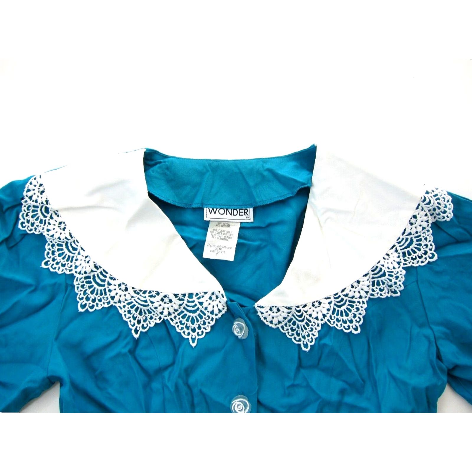 Vintage Vtg Wonder Rayon Blue Lace Collar Short Sleeve Button Down Secretary Dress 7/M Size 32" / US 10 / IT 46 - 6 Thumbnail