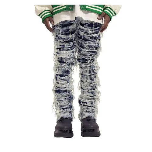 Jean Distressed Frayed Stacked Washed Denim Jeans Size US 34 / EU 50 - 2 Thumbnail