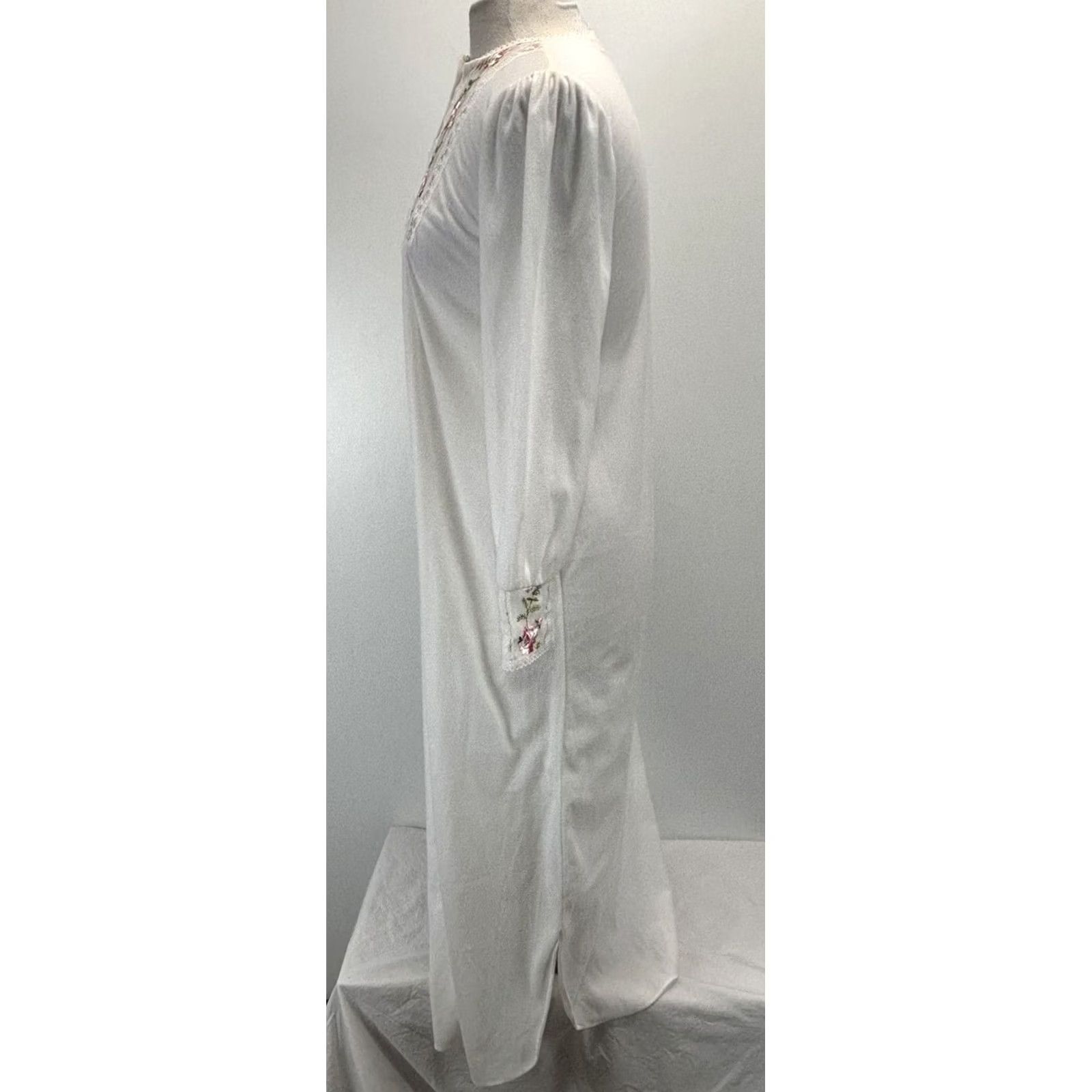 Lee VINTAGE Shannon Lee Nightgown Micro Fleece Ivory Floral Embroidered USA L Nightgown Women’s 1980s Victorian Nylon Regular, Original, Small RunMens? Size ONE SIZE - 2 Thumbnail