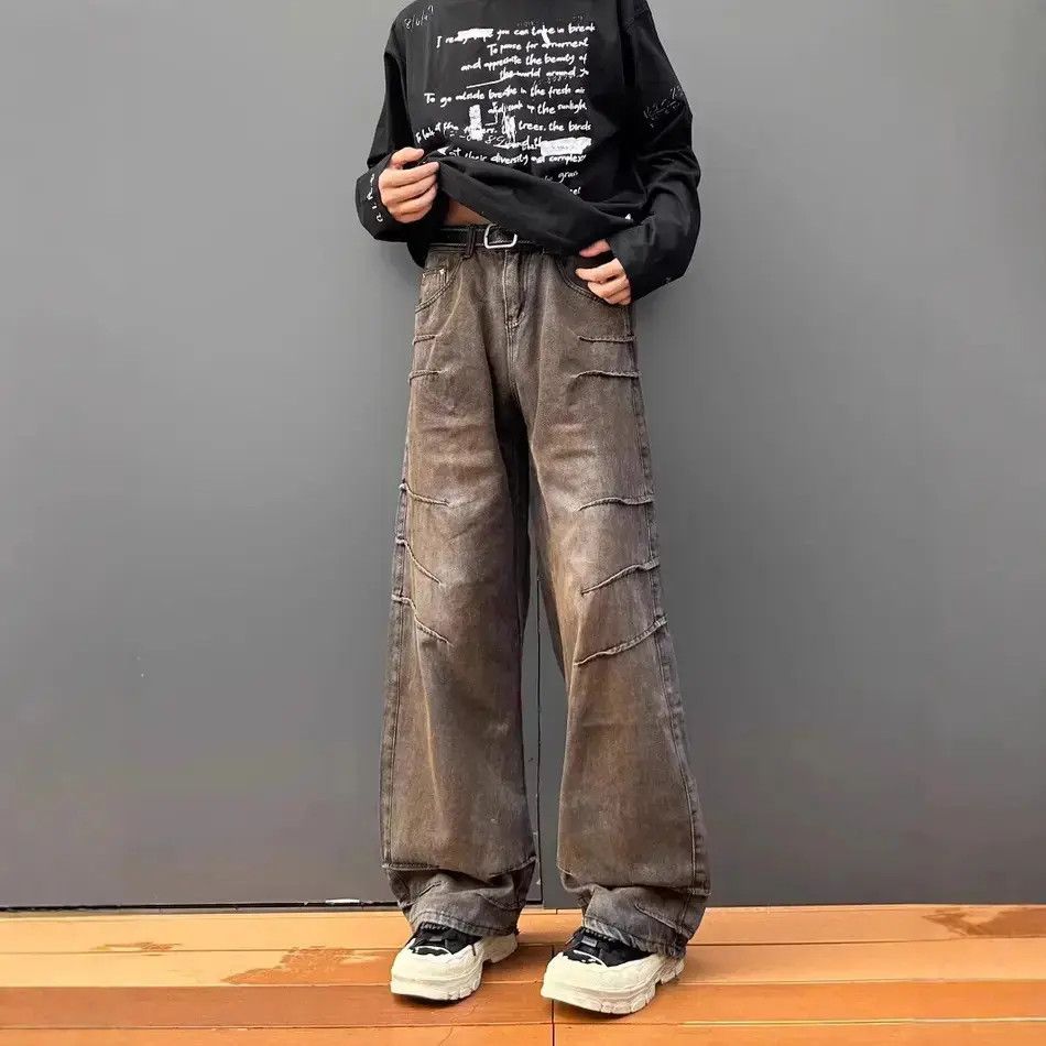 Japanese Brand Retro loose straight leg wide leg dirty dyed jeans Size US 32 / EU 48 - 3 Thumbnail