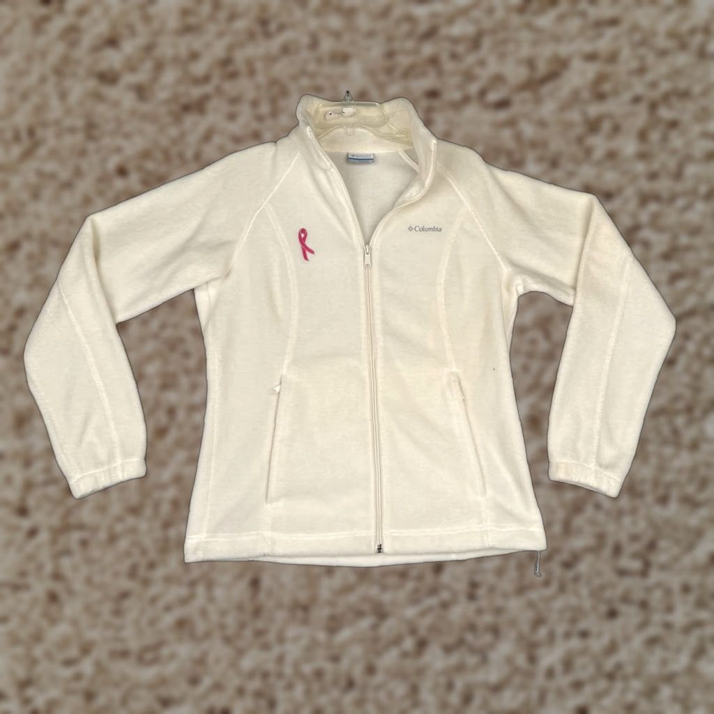 Pinko Columbia Jacket Womens Medium White Fleece Full Zip Outdoor Hiking Pink Ribbon Embroidered Logo Pockets Size M / US 6-8 / IT 42-44 - 1 Thumbnail