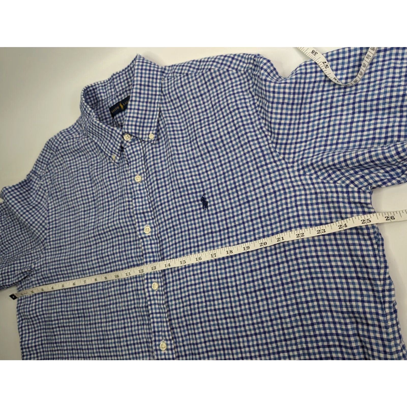 Ralph Lauren Ralph Lauren Linen Shirt Men's XL Blue Checked Button-Down Short Sleeve Vintage Size US XL / EU 56 / 4 - 5 Thumbnail